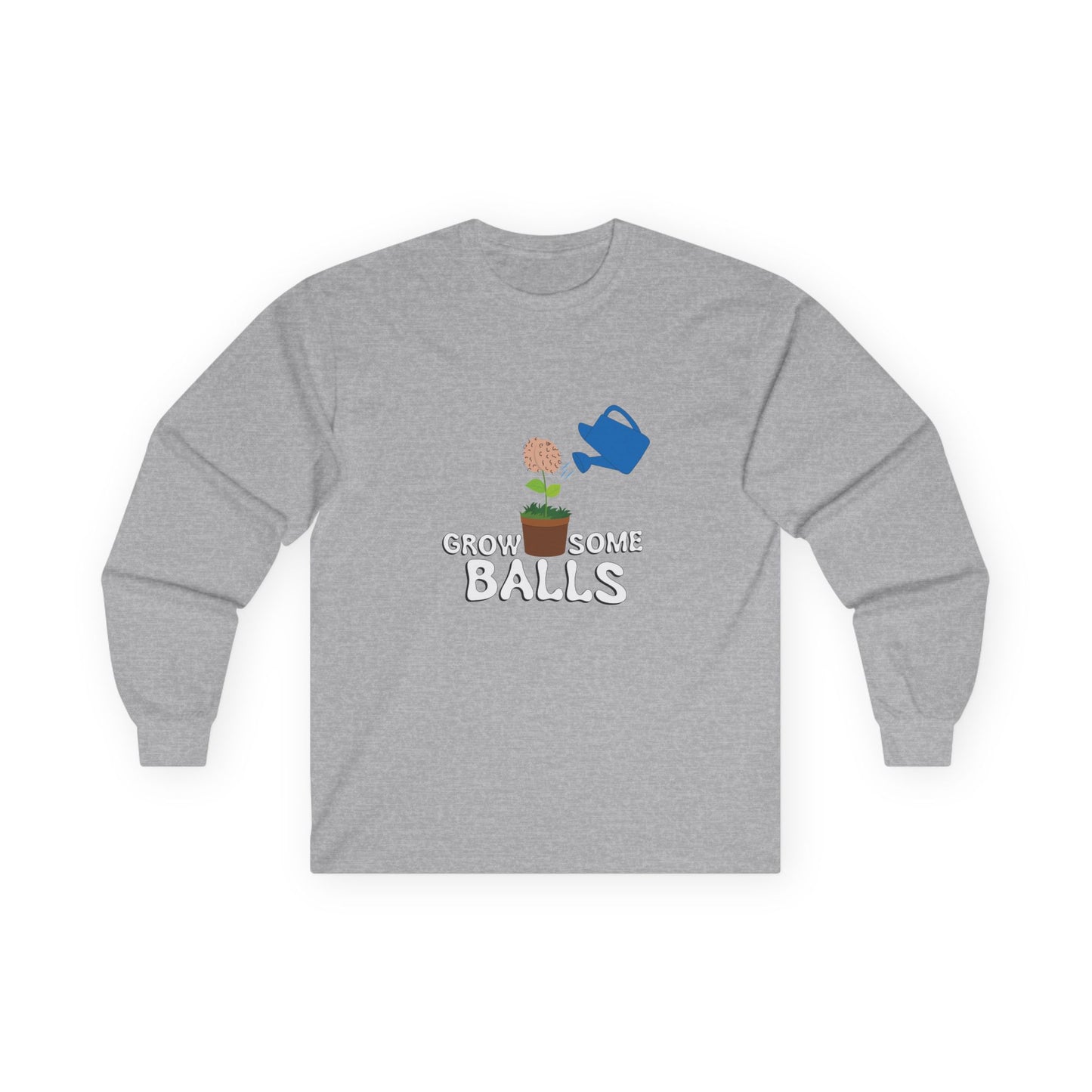 Edgy funny t-shirt showing literal testicles growing out of plant pots — bold visual pun with absurd garden humor
