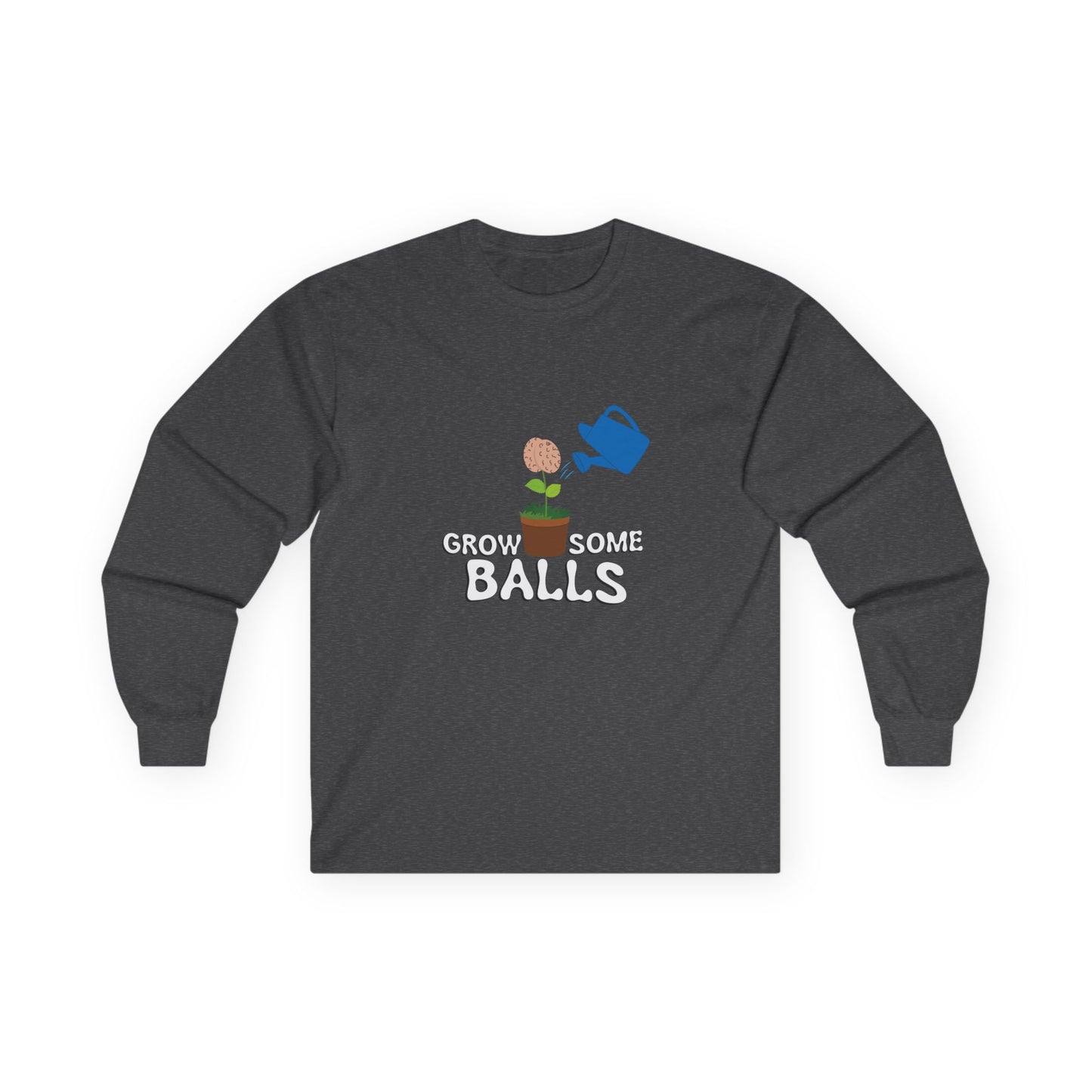 Edgy funny t-shirt showing literal testicles growing out of plant pots — bold visual pun with absurd garden humor