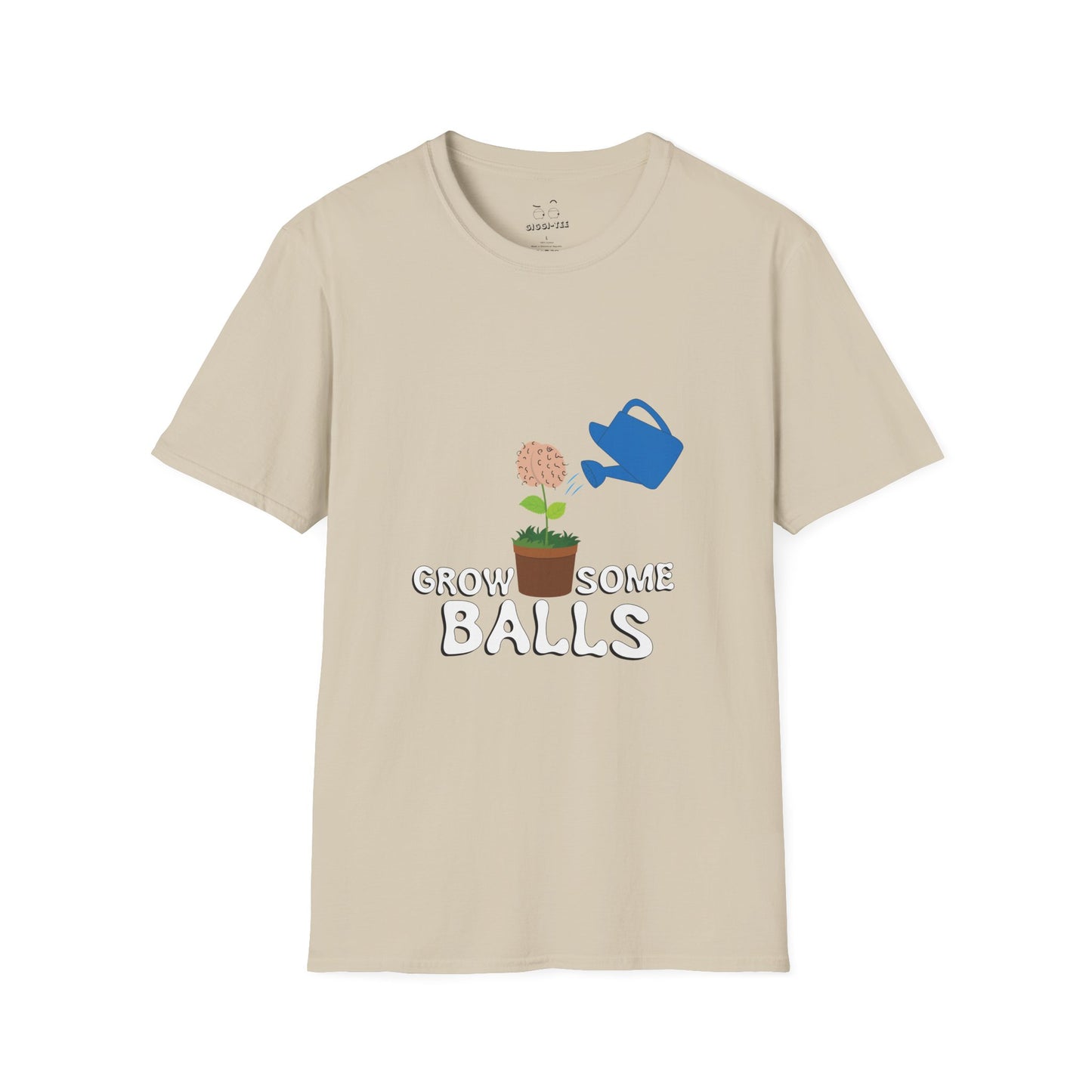 Edgy funny t-shirt showing literal balls growing out of plant pots — bold visual pun with absurd garden humor