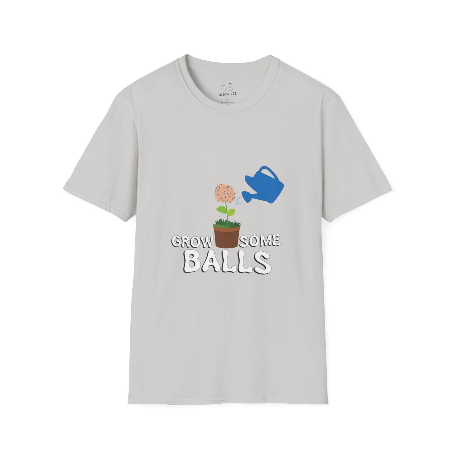 Edgy funny t-shirt showing literal balls growing out of plant pots — bold visual pun with absurd garden humor