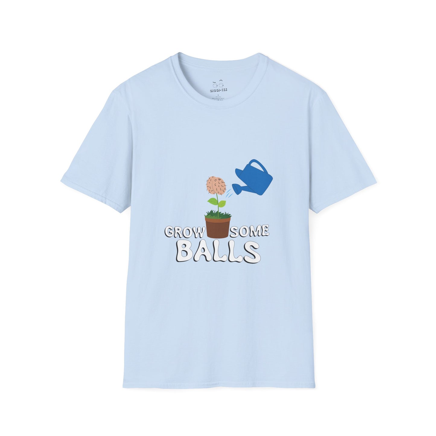 Edgy funny t-shirt showing literal testicles growing out of plant pots — bold visual pun with absurd garden humor