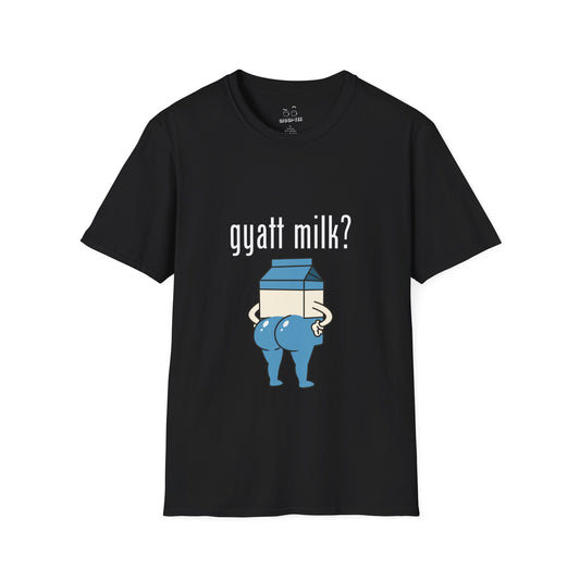 Humorous Got Milk? parody shirt design, Gyatt Milk mashup: cartoon milk carton with a big booty, sassy pose.