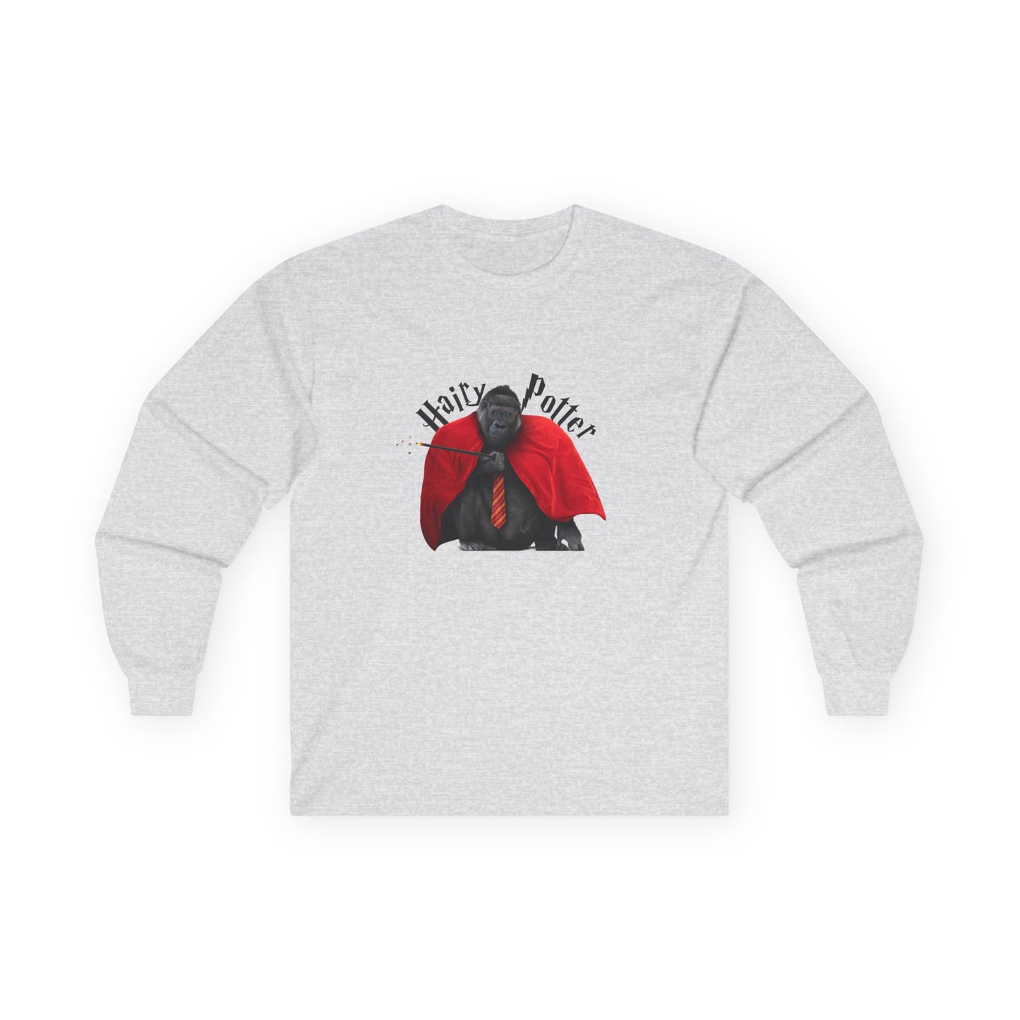 Funny parody design of “Hairy Potter,” an ape with a scar, blue eyes, red wizard robes, and a magic wand, Hogwarts-inspired humor on a t-shirt.