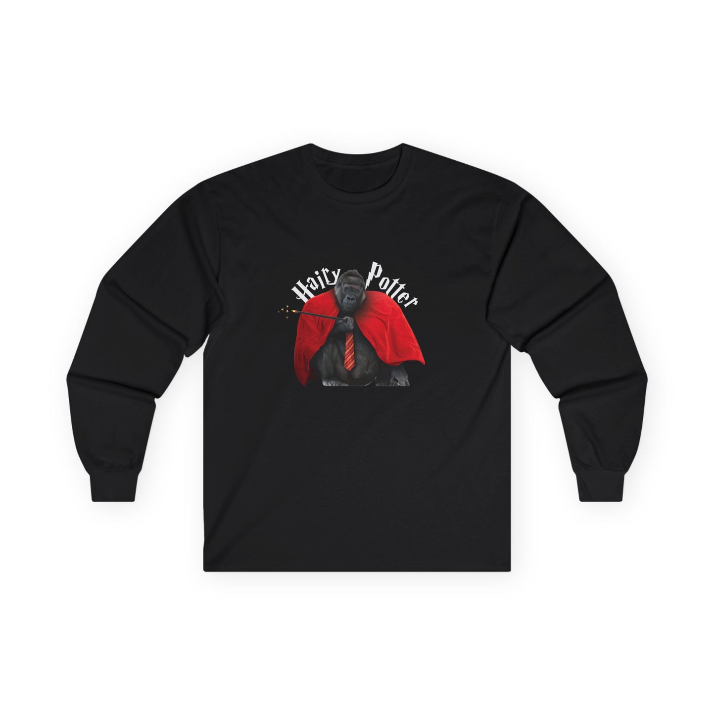 Funny parody design of “Hairy Potter,” an ape with a scar, blue eyes, red wizard robes, and a magic wand, Hogwarts-inspired humor on a t-shirt.