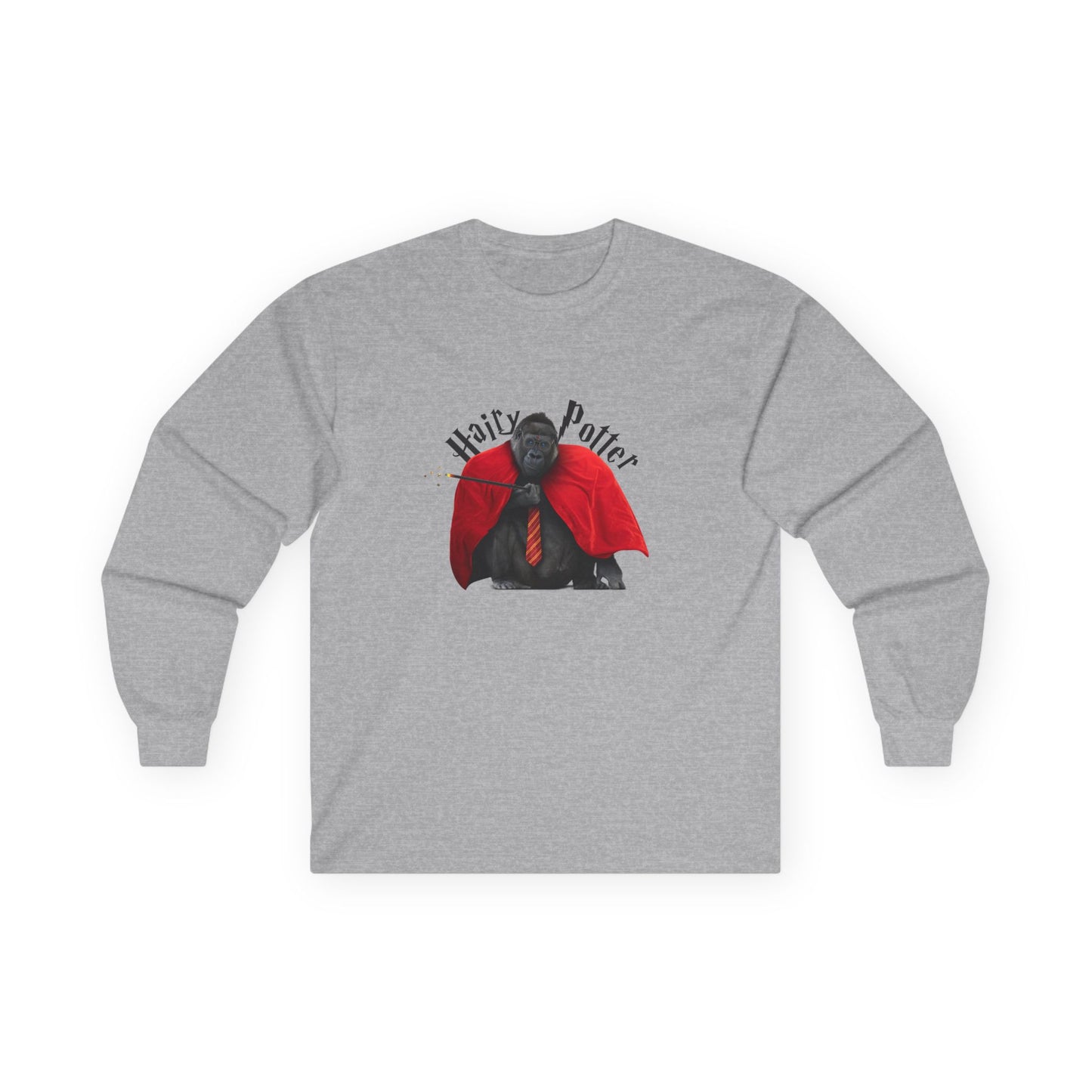Funny parody design of “Hairy Potter,” an ape with a scar, blue eyes, red wizard robes, and a magic wand, Hogwarts-inspired humor on a t-shirt.