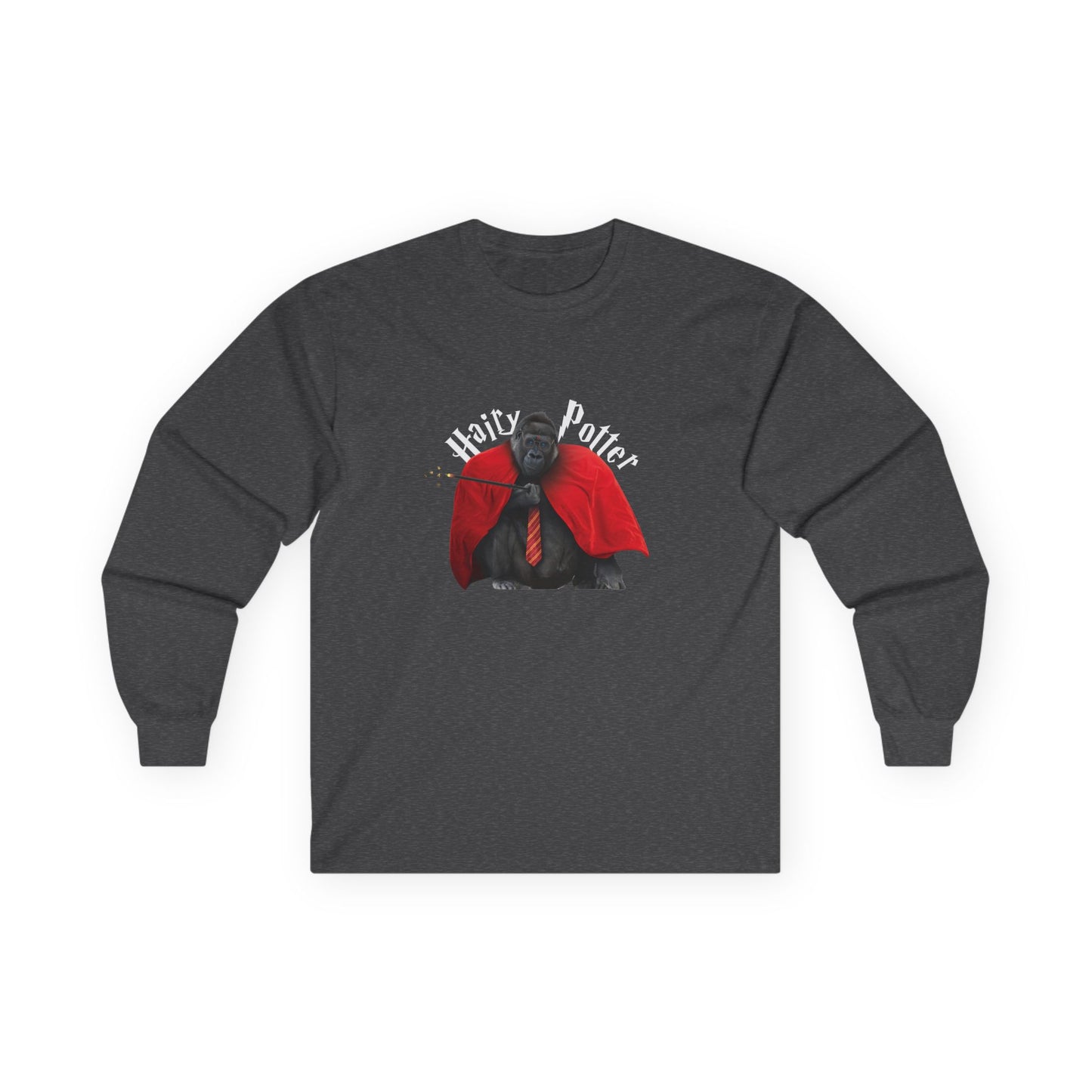 Funny parody design of “Hairy Potter,” an ape with a scar, blue eyes, red wizard robes, and a magic wand, Hogwarts-inspired humor on a t-shirt.