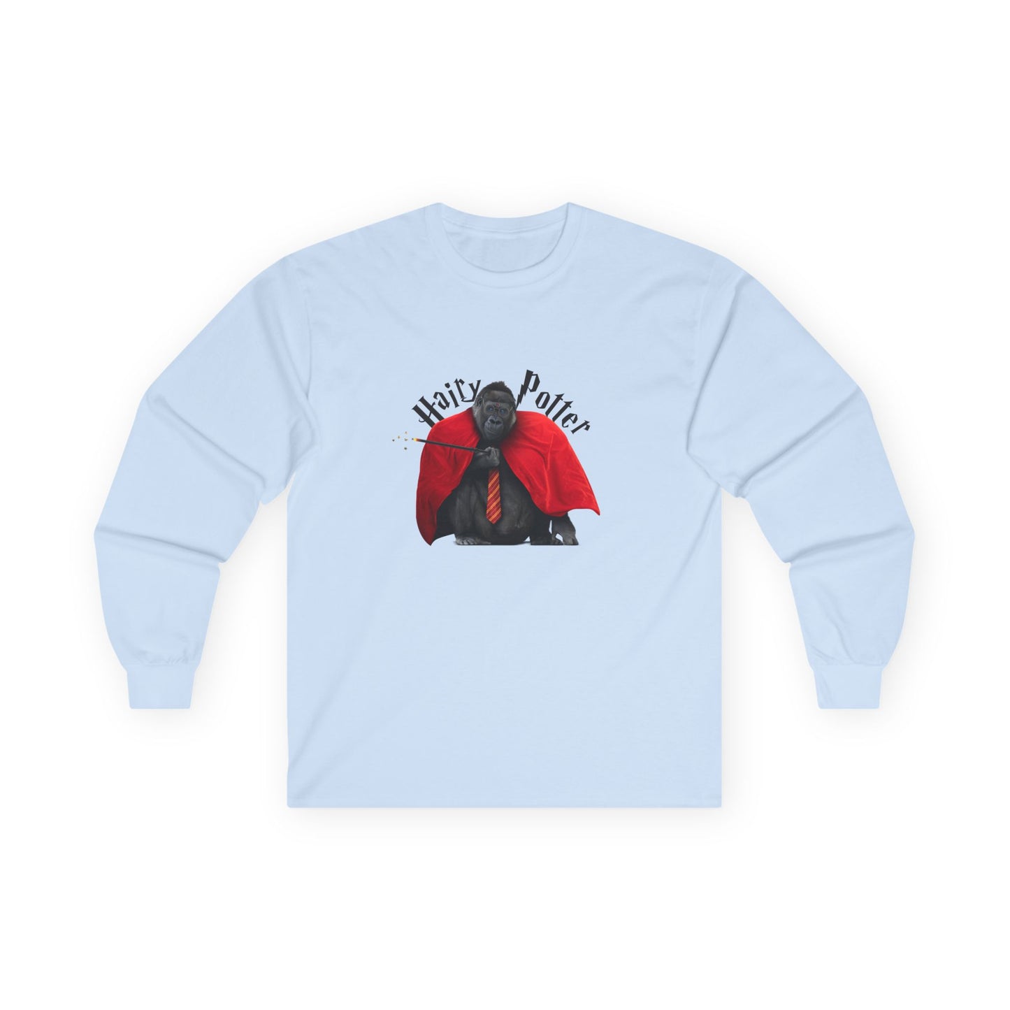 Funny parody design of “Hairy Potter,” an ape with a scar, blue eyes, red wizard robes, and a magic wand, Hogwarts-inspired humor on a t-shirt.