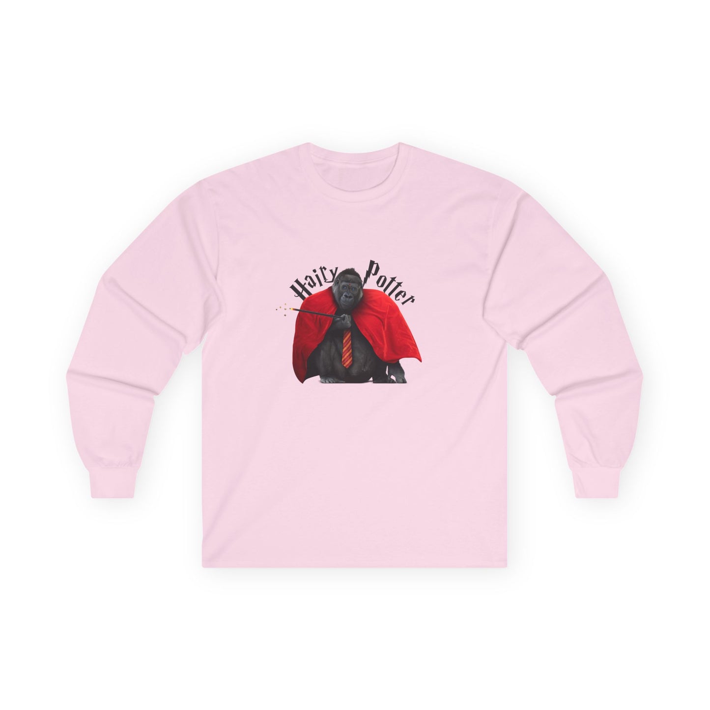 Funny parody design of “Hairy Potter,” an ape with a scar, blue eyes, red wizard robes, and a magic wand, Hogwarts-inspired humor on a t-shirt.