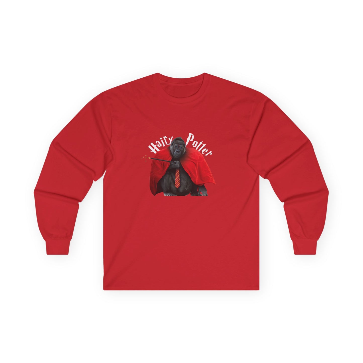 Funny parody design of “Hairy Potter,” an ape with a scar, blue eyes, red wizard robes, and a magic wand, Hogwarts-inspired humor on a t-shirt.