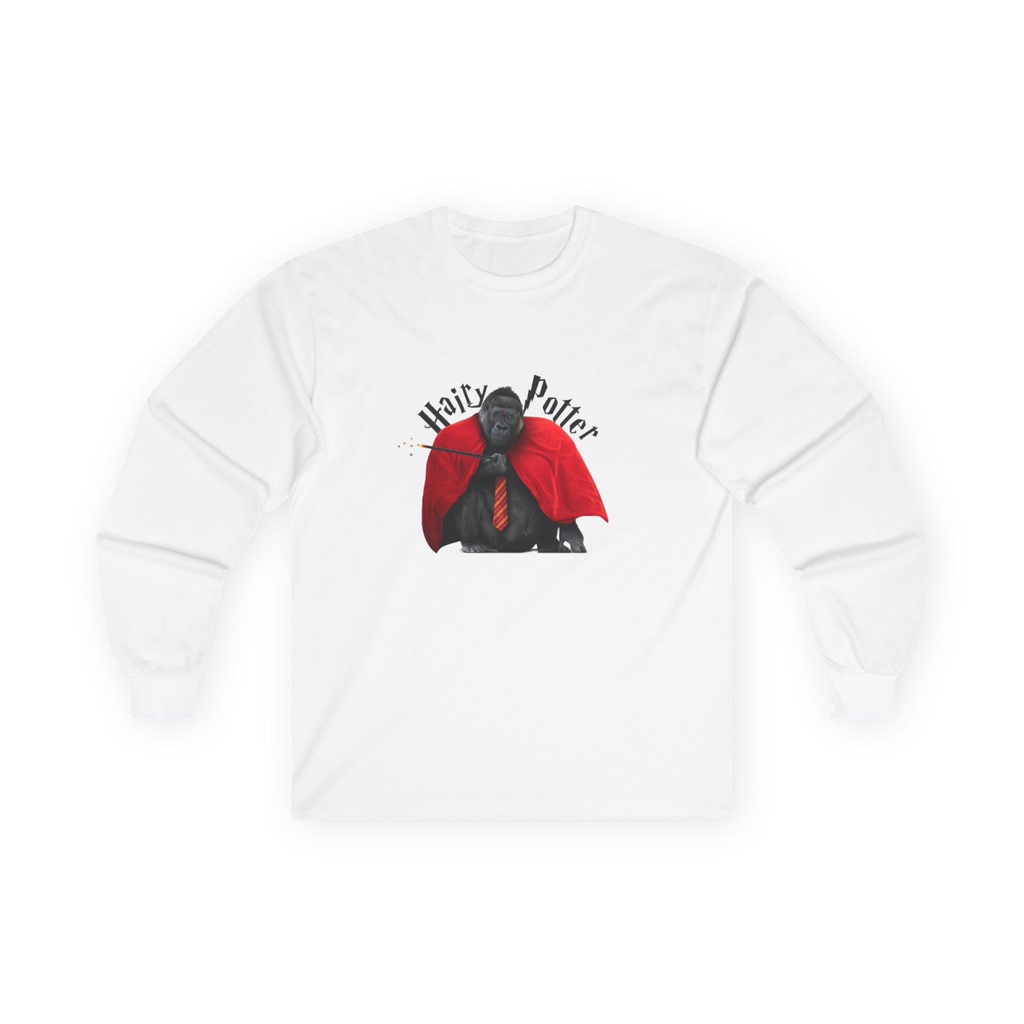 Funny parody design of “Hairy Potter,” an ape with a scar, blue eyes, red wizard robes, and a magic wand, Hogwarts-inspired humor on a t-shirt.