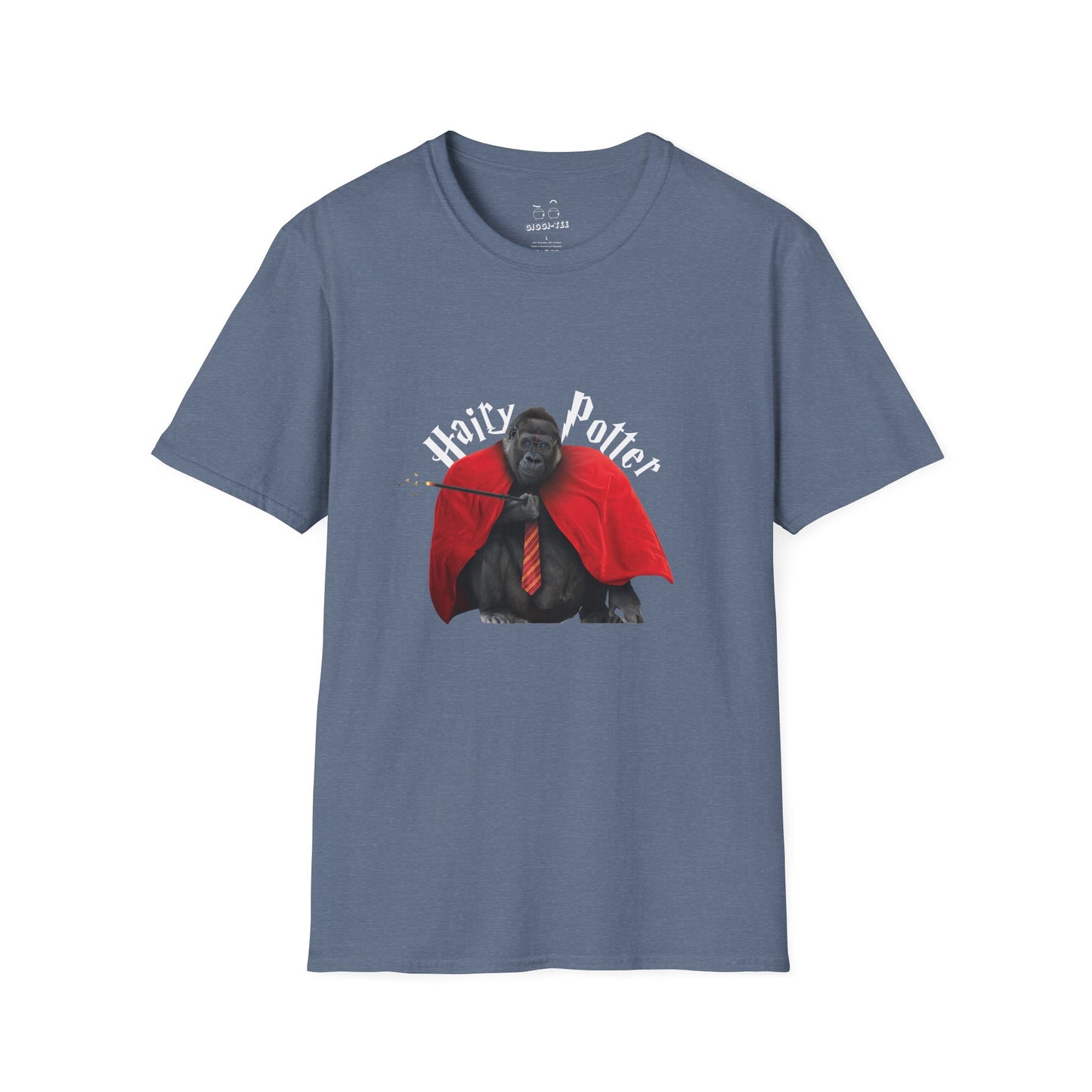 Funny parody design of “Hairy Potter,” an ape with a scar, blue eyes, red wizard robes, and a magic wand, Hogwarts-inspired humor on a t-shirt.