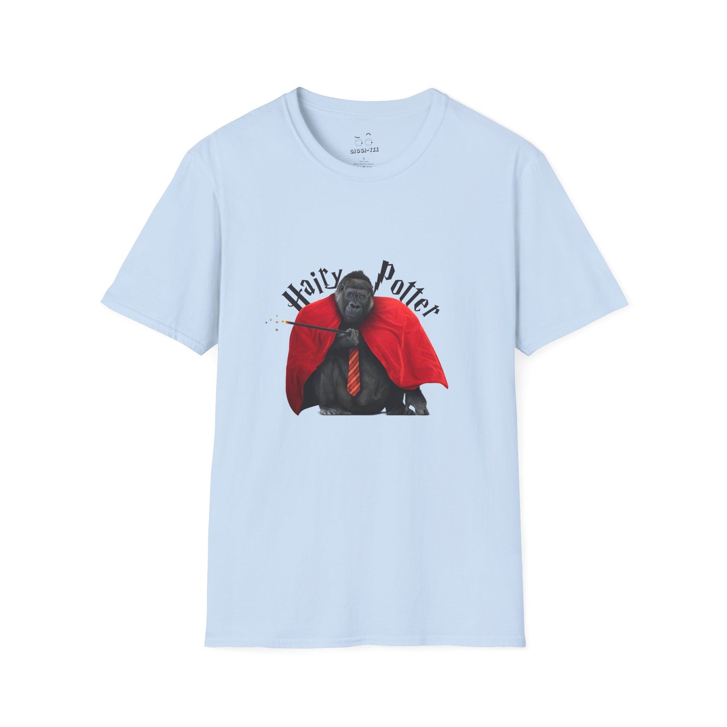 Funny parody design of “Hairy Potter,” an ape with a scar, blue eyes, red wizard robes, and a magic wand, Hogwarts-inspired humor on a t-shirt.