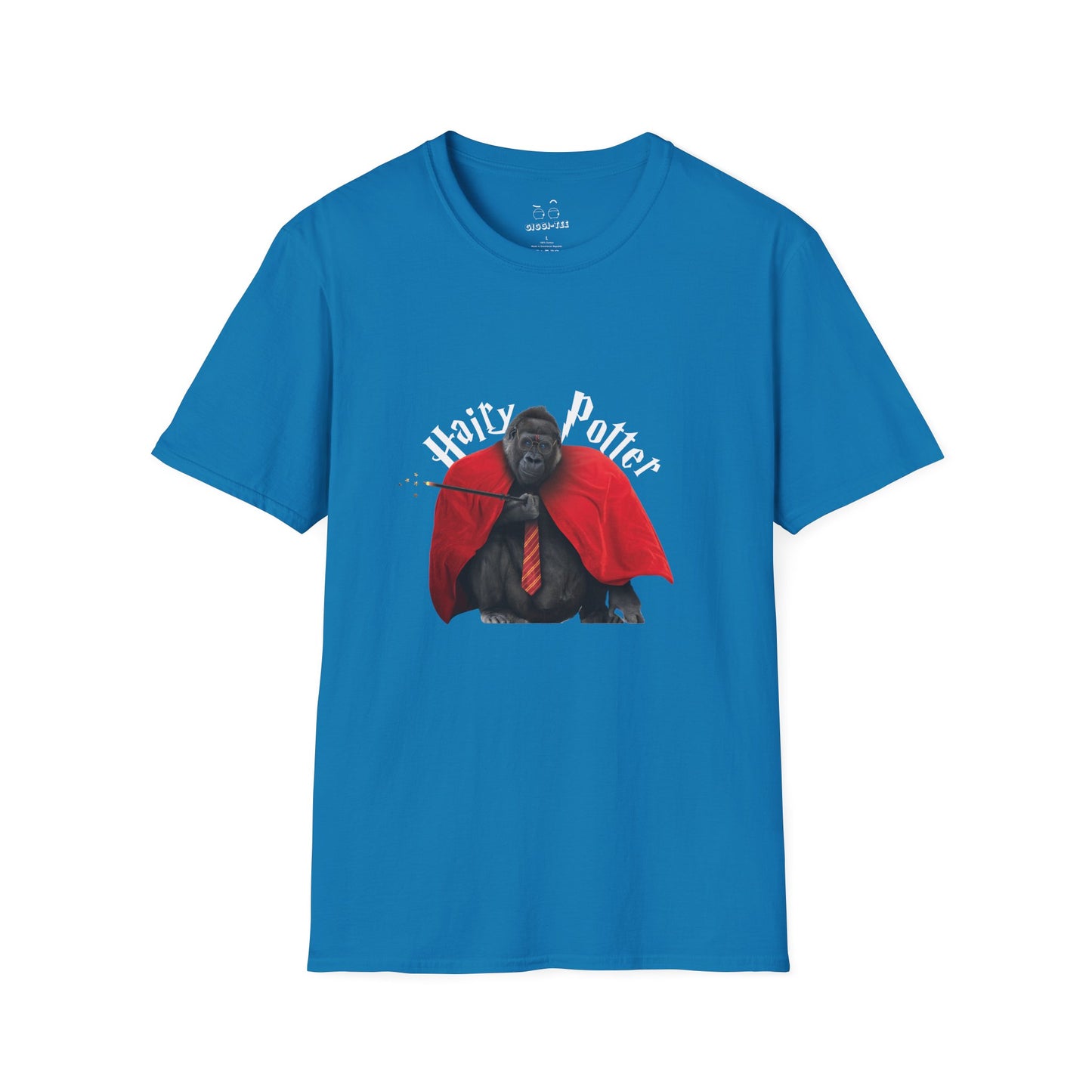 Funny parody design of “Hairy Potter,” an ape with a scar, blue eyes, red wizard robes, and a magic wand, Hogwarts-inspired humor on a t-shirt.