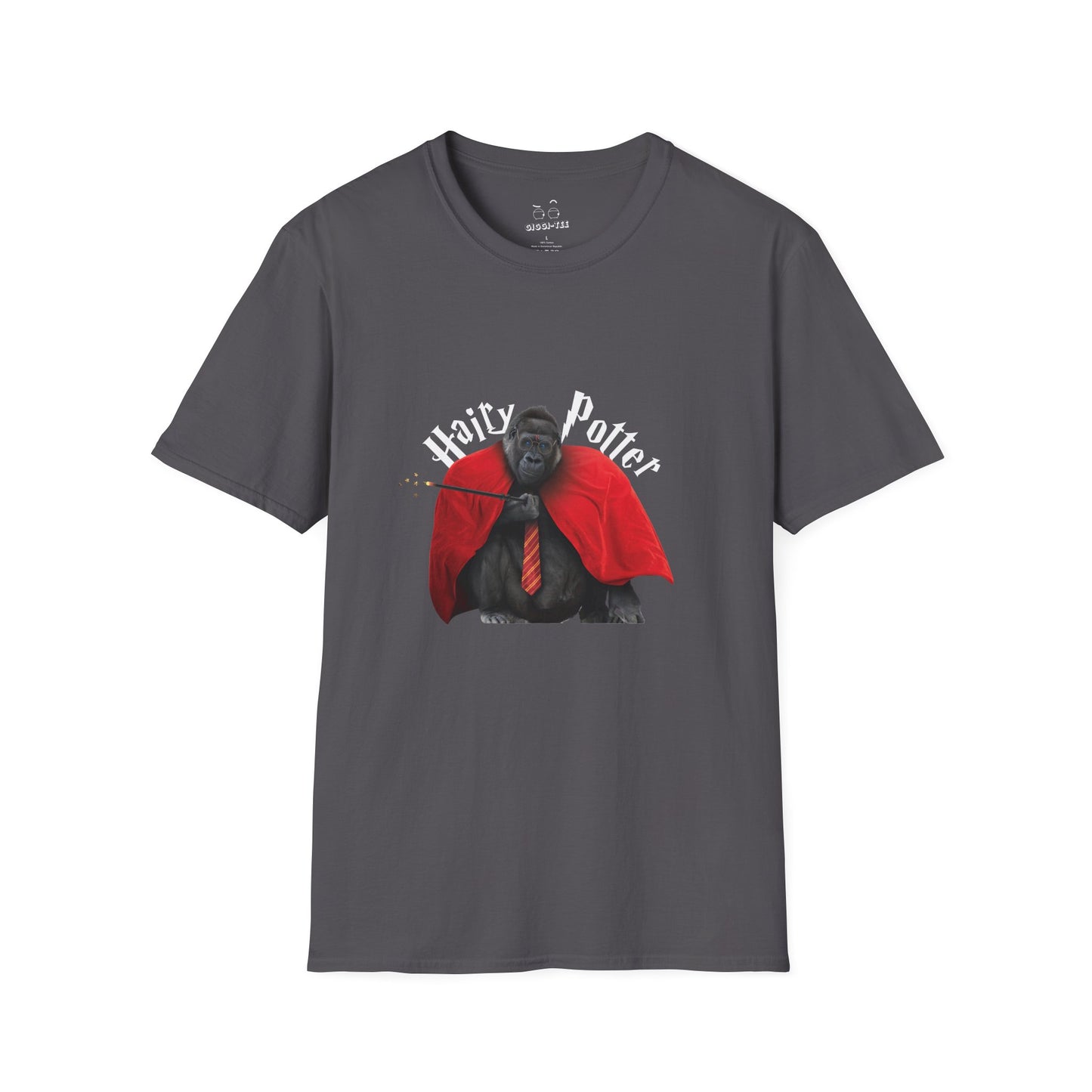 Funny parody design of “Hairy Potter,” an ape with a scar, blue eyes, red wizard robes, and a magic wand, Hogwarts-inspired humor on a t-shirt.