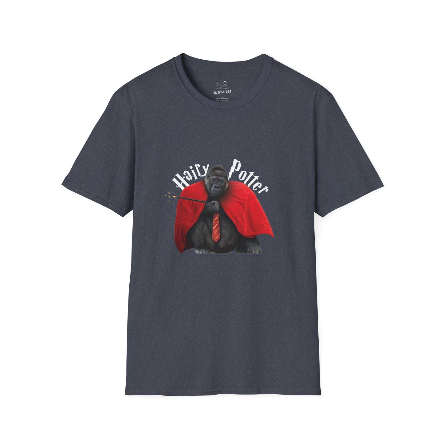 Funny parody design of “Hairy Potter,” an ape with a scar, blue eyes, red wizard robes, and a magic wand, Hogwarts-inspired humor on a t-shirt.