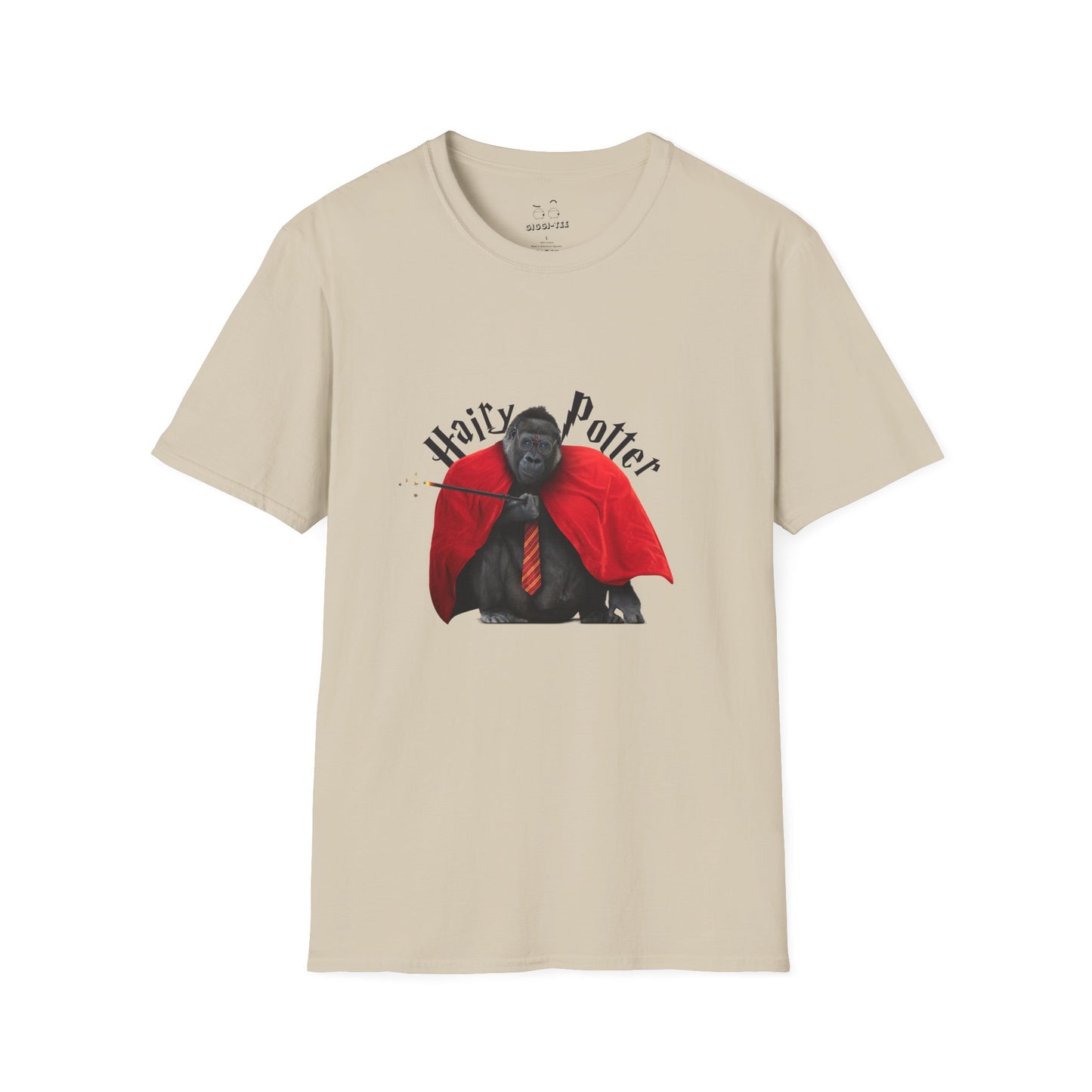 Funny parody design of “Hairy Potter,” an ape with a scar, blue eyes, red wizard robes, and a magic wand, Hogwarts-inspired humor on a t-shirt.