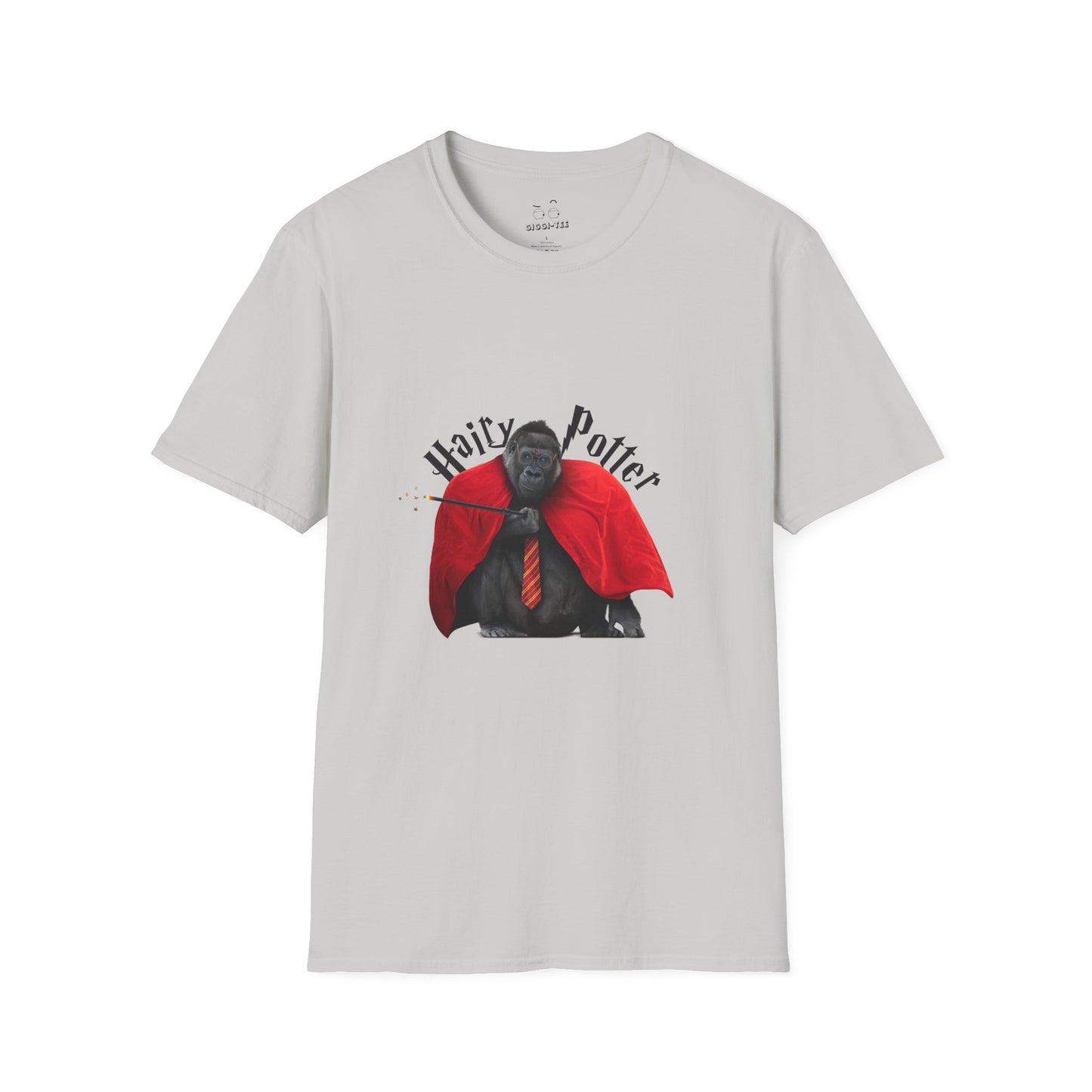 Funny parody design of “Hairy Potter,” an ape with a scar, blue eyes, red wizard robes, and a magic wand, Hogwarts-inspired humor on a t-shirt.