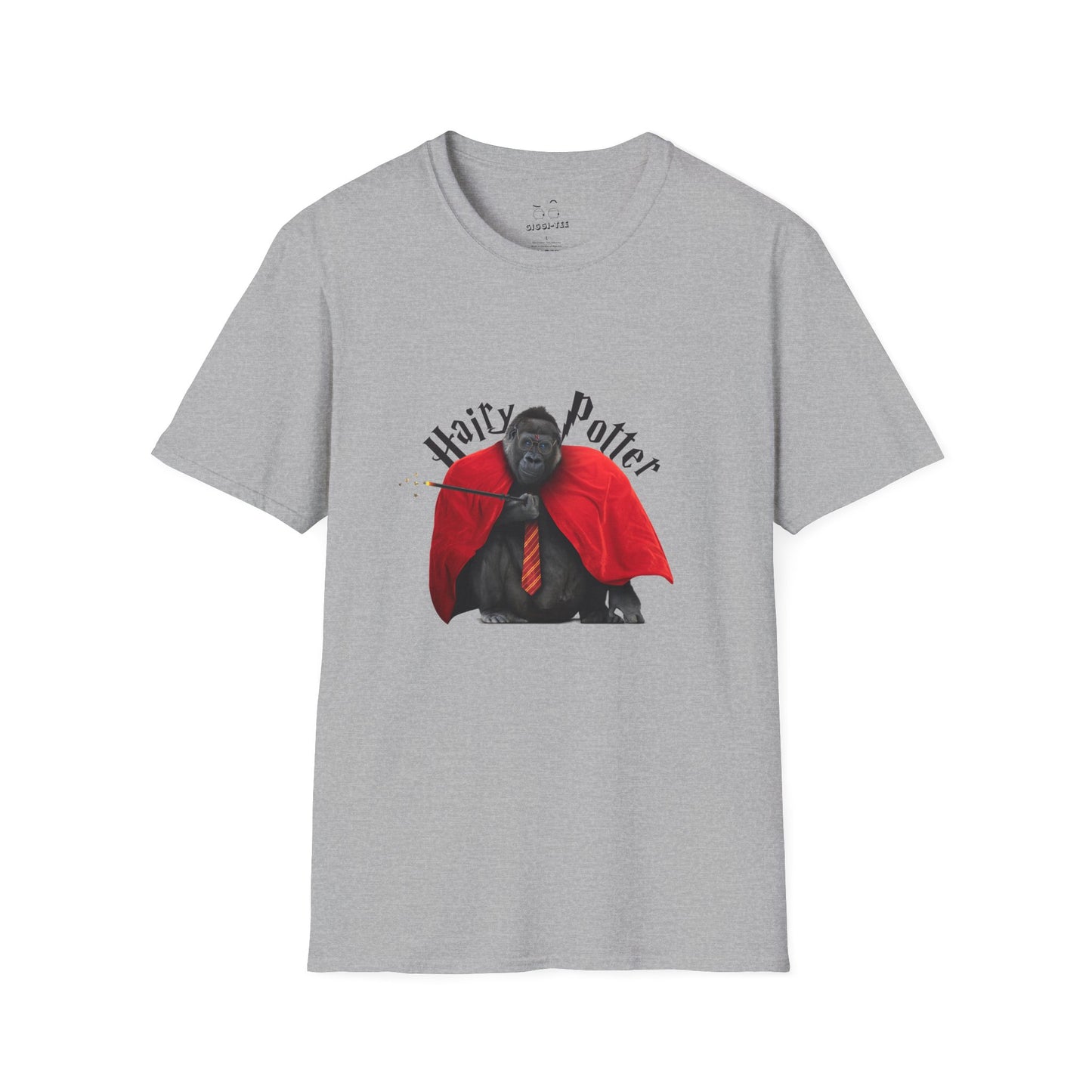 Funny parody design of “Hairy Potter,” an ape with a scar, blue eyes, red wizard robes, and a magic wand, Hogwarts-inspired humor on a t-shirt.