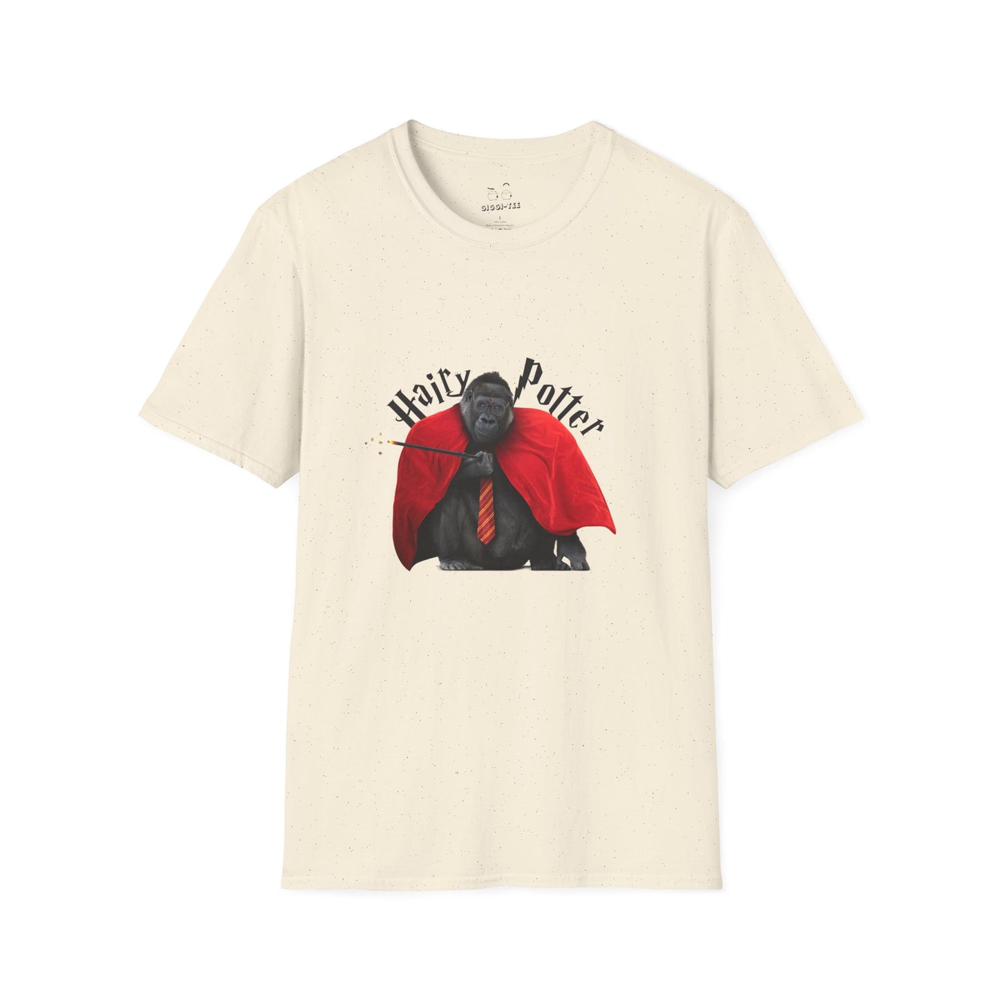 Funny parody design of “Hairy Potter,” an ape with a scar, blue eyes, red wizard robes, and a magic wand, Hogwarts-inspired humor on a t-shirt.