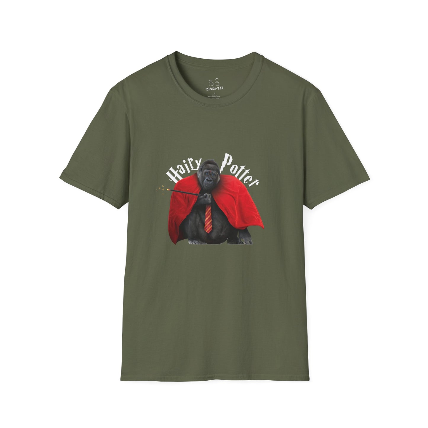 Funny parody design of “Hairy Potter,” an ape with a scar, blue eyes, red wizard robes, and a magic wand, Hogwarts-inspired humor on a t-shirt.