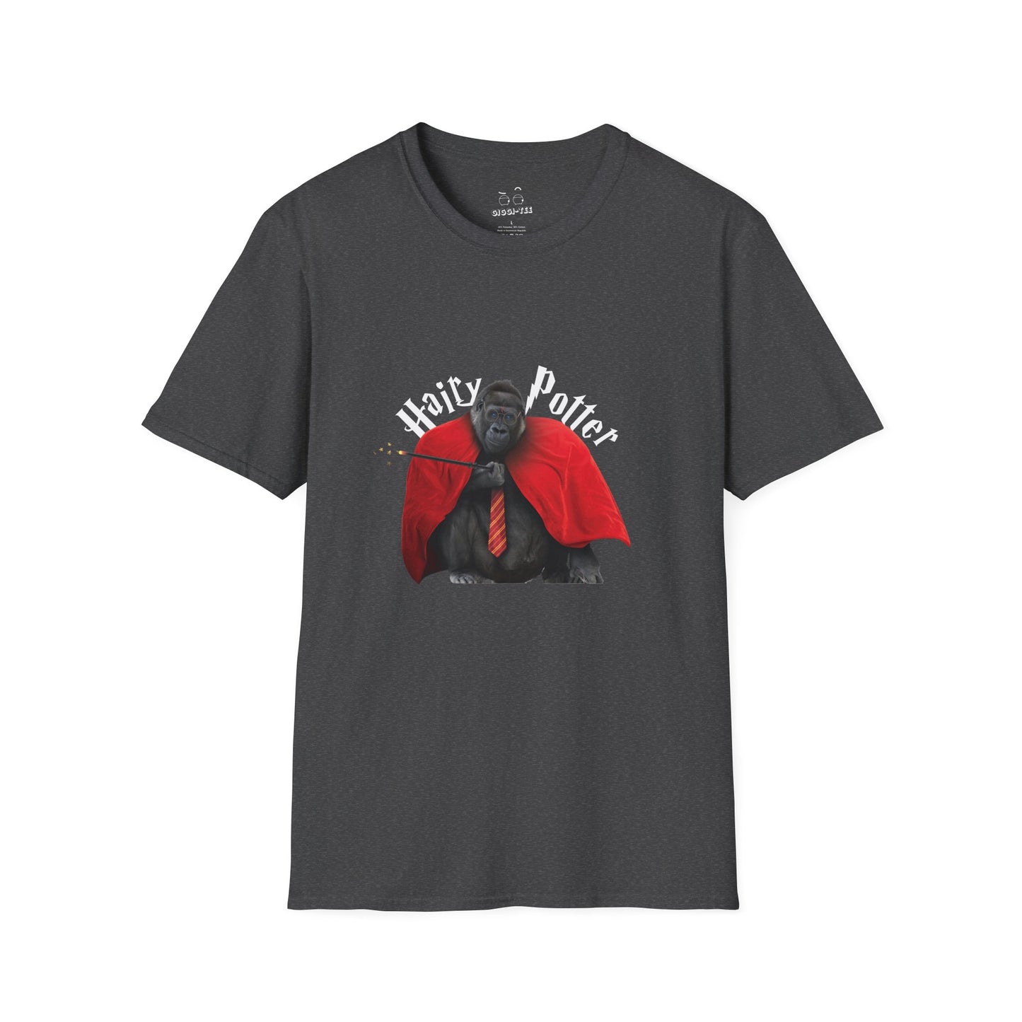 Funny parody design of “Hairy Potter,” an ape with a scar, blue eyes, red wizard robes, and a magic wand, Hogwarts-inspired humor on a t-shirt.