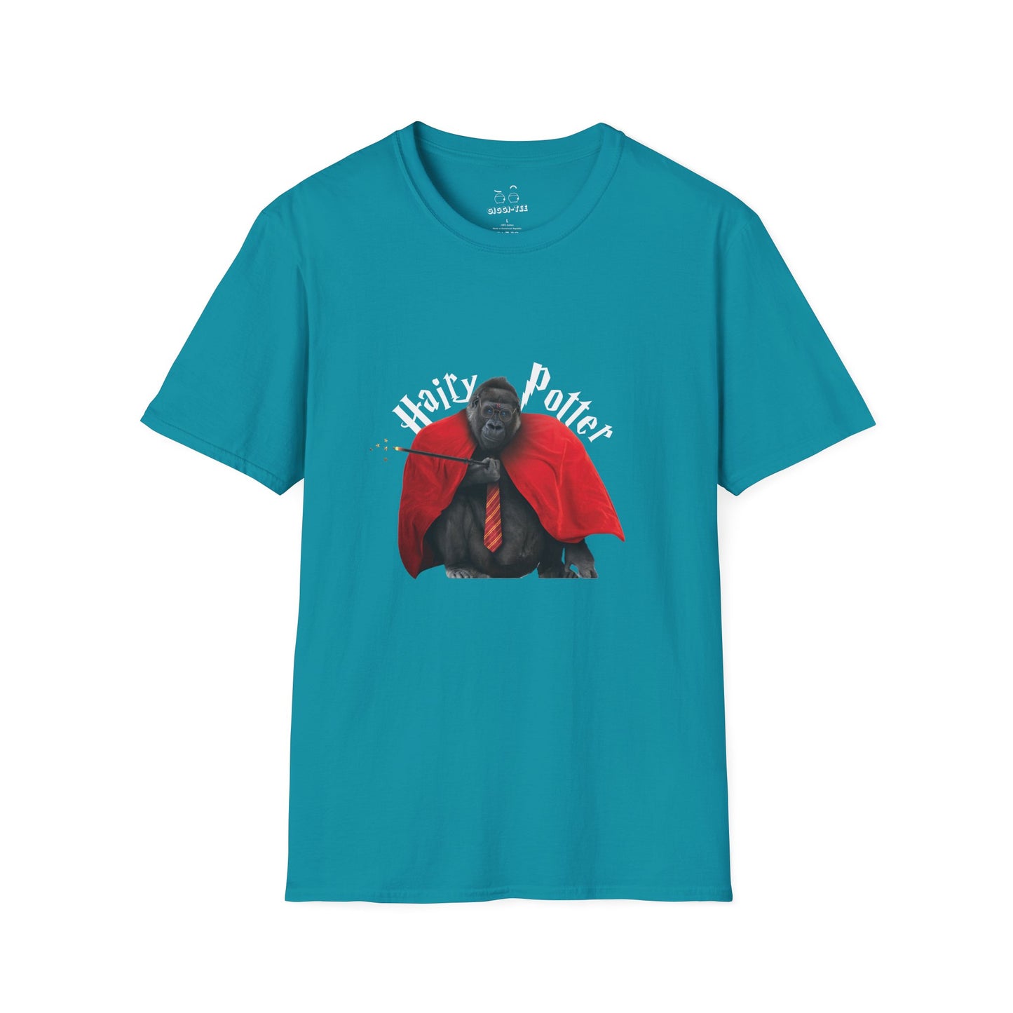 Funny parody design of “Hairy Potter,” an ape with a scar, blue eyes, red wizard robes, and a magic wand, Hogwarts-inspired humor on a t-shirt.