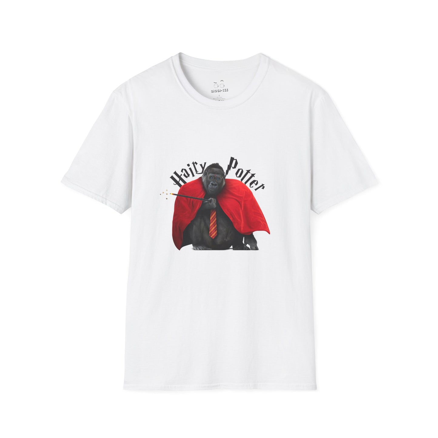 Funny parody design of “Hairy Potter,” an ape with a scar, blue eyes, red wizard robes, and a magic wand, Hogwarts-inspired humor on a t-shirt.
