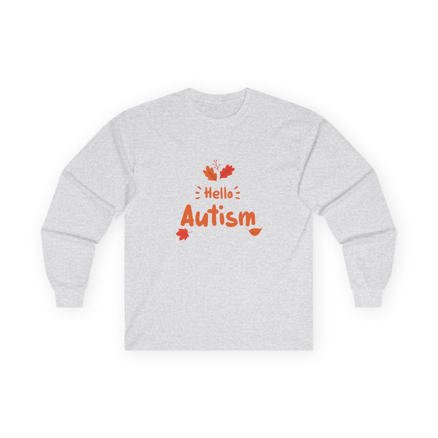 Orange “Hello Autism” text surrounded by falling autumn leaves on a parody t-shirt design, blending cozy fall vibes with edgy humor.