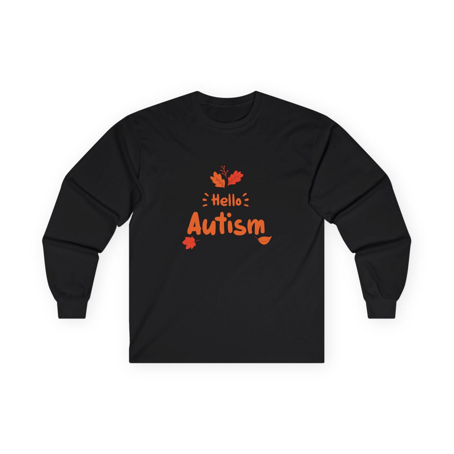 Orange “Hello Autism” text surrounded by falling autumn leaves on a parody t-shirt design, blending cozy fall vibes with edgy humor.