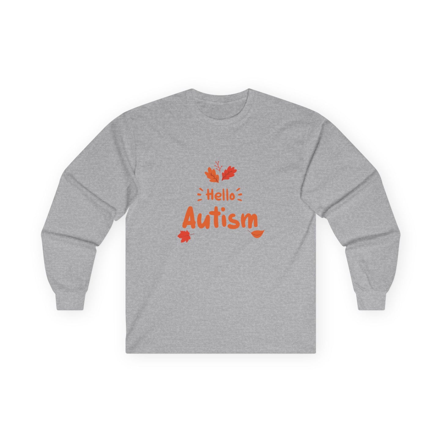 Orange “Hello Autism” text surrounded by falling autumn leaves on a parody t-shirt design, blending cozy fall vibes with edgy humor.