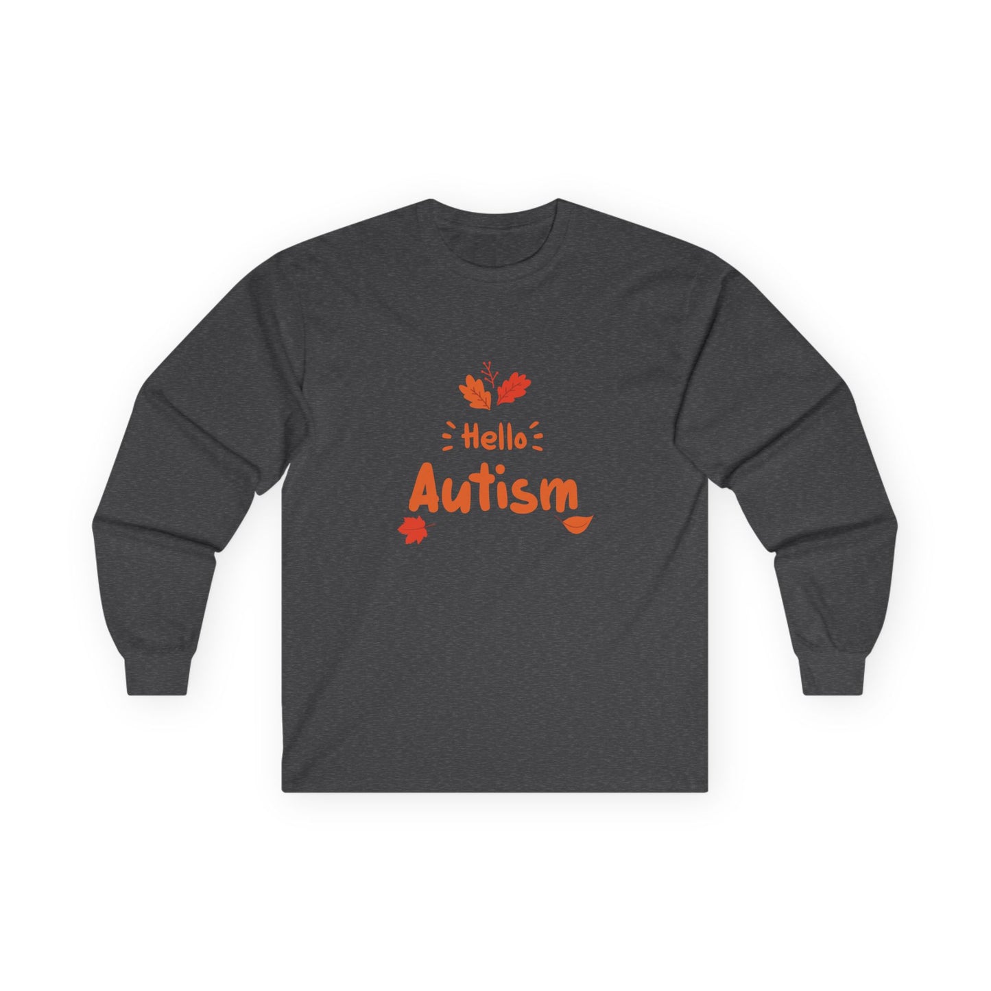 Orange “Hello Autism” text surrounded by falling autumn leaves on a parody t-shirt design, blending cozy fall vibes with edgy humor.