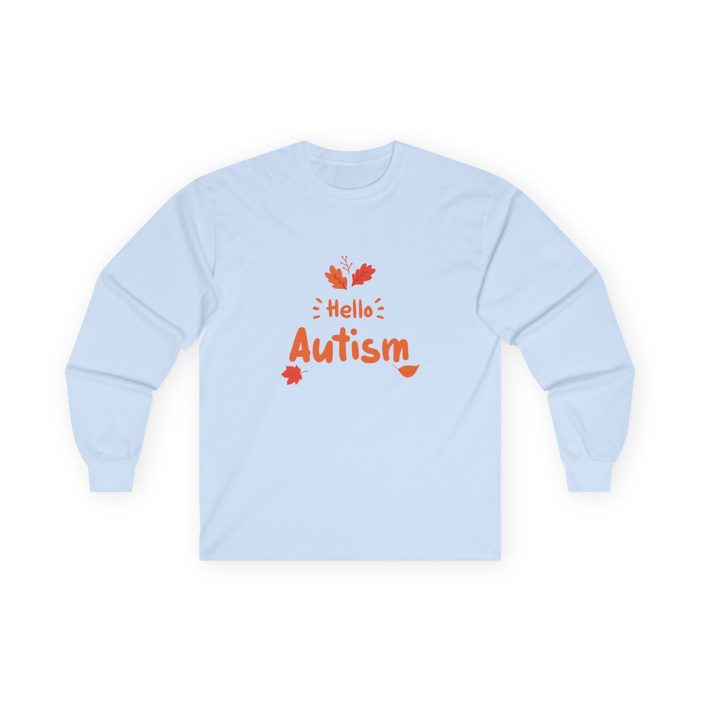 Orange “Hello Autism” text surrounded by falling autumn leaves on a parody t-shirt design, blending cozy fall vibes with edgy humor.