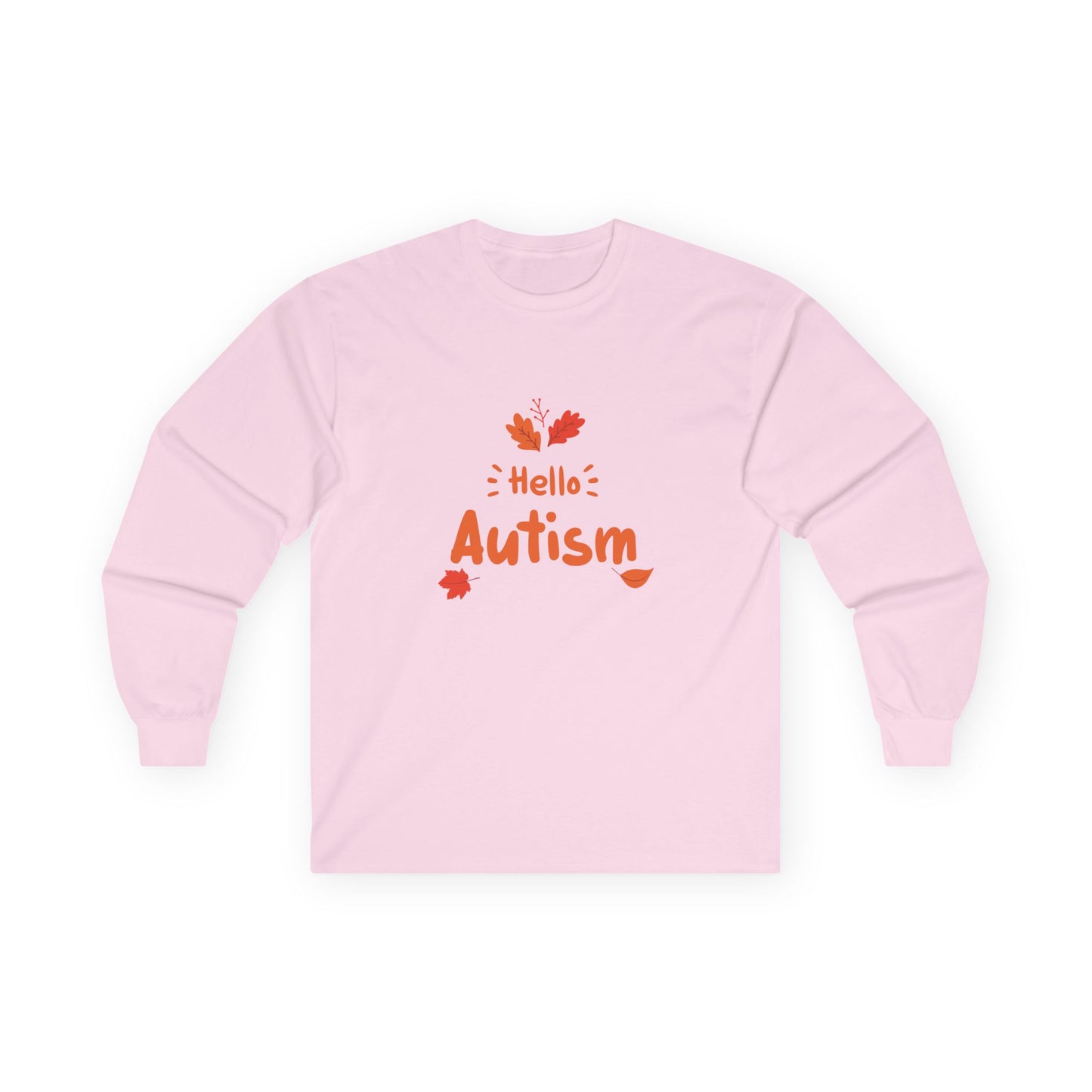 Orange “Hello Autism” text surrounded by falling autumn leaves on a parody t-shirt design, blending cozy fall vibes with edgy humor.