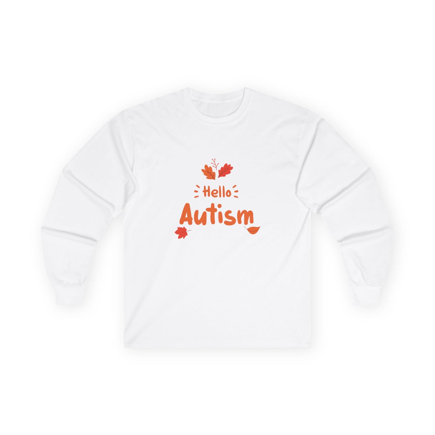 Orange “Hello Autism” text surrounded by falling autumn leaves on a parody t-shirt design, blending cozy fall vibes with edgy humor.