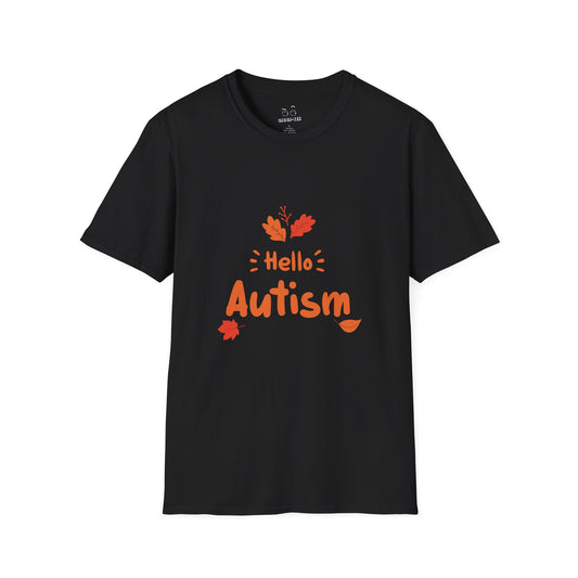 Orange “Hello Autism” text surrounded by falling autumn leaves on a parody t-shirt design, blending cozy fall vibes with edgy humor.