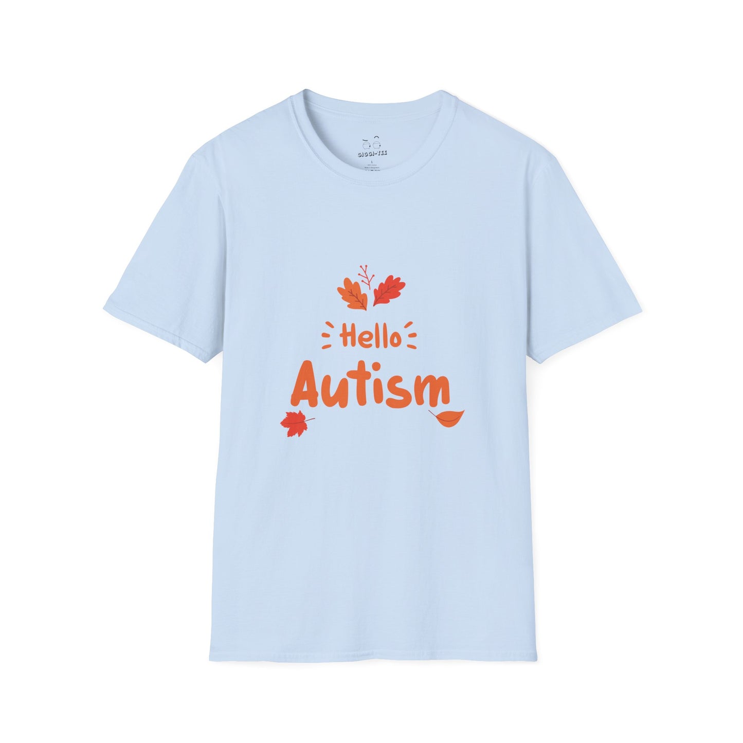 Orange “Hello Autism” text surrounded by falling autumn leaves on a parody t-shirt design, blending cozy fall vibes with edgy humor.