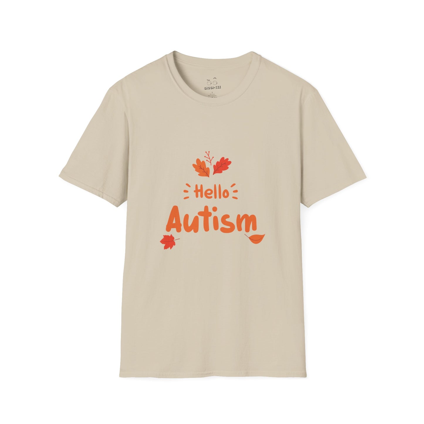 Orange “Hello Autism” text surrounded by falling autumn leaves on a parody t-shirt design, blending cozy fall vibes with edgy humor.