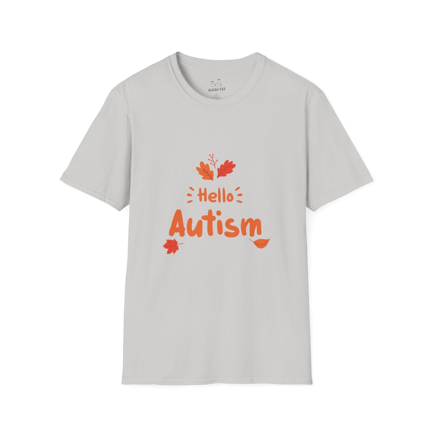Orange “Hello Autism” text surrounded by falling autumn leaves on a parody t-shirt design, blending cozy fall vibes with edgy humor.