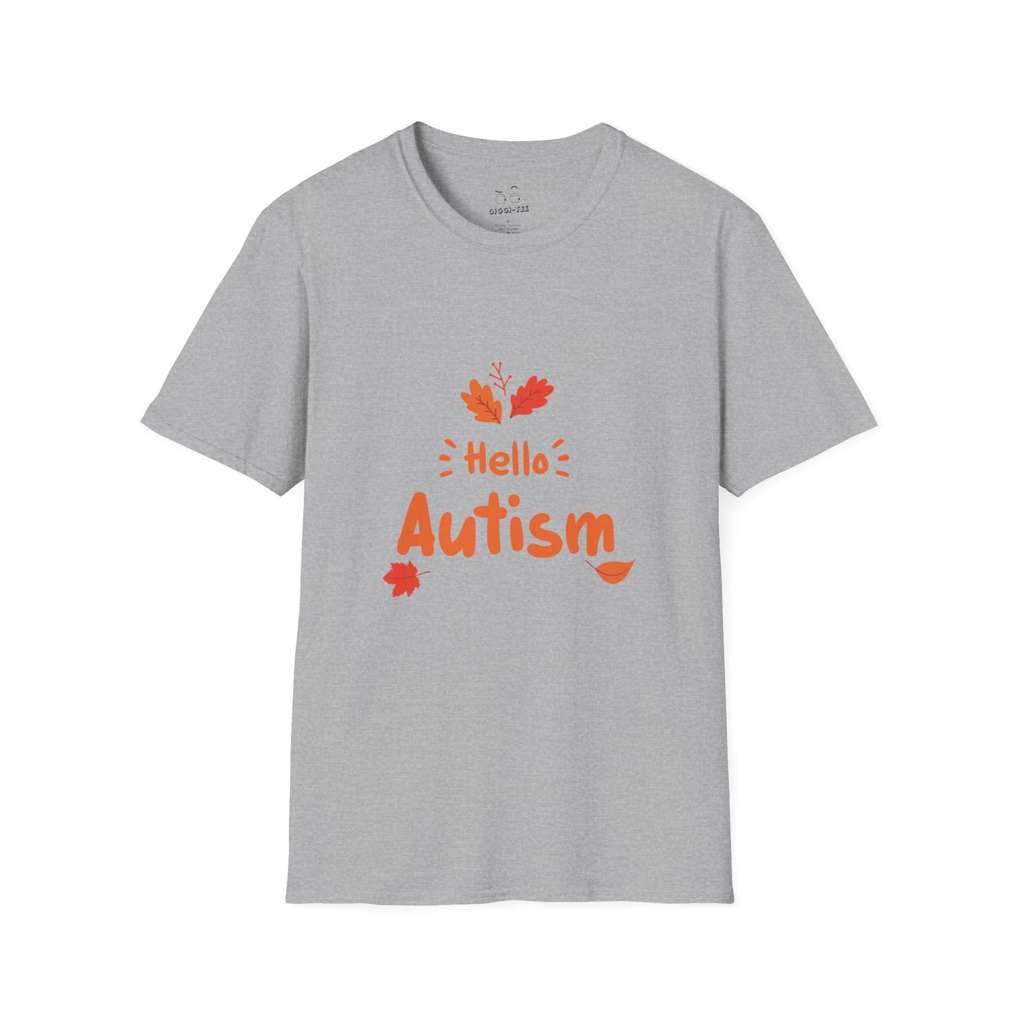 Orange “Hello Autism” text surrounded by falling autumn leaves on a parody t-shirt design, blending cozy fall vibes with edgy humor.