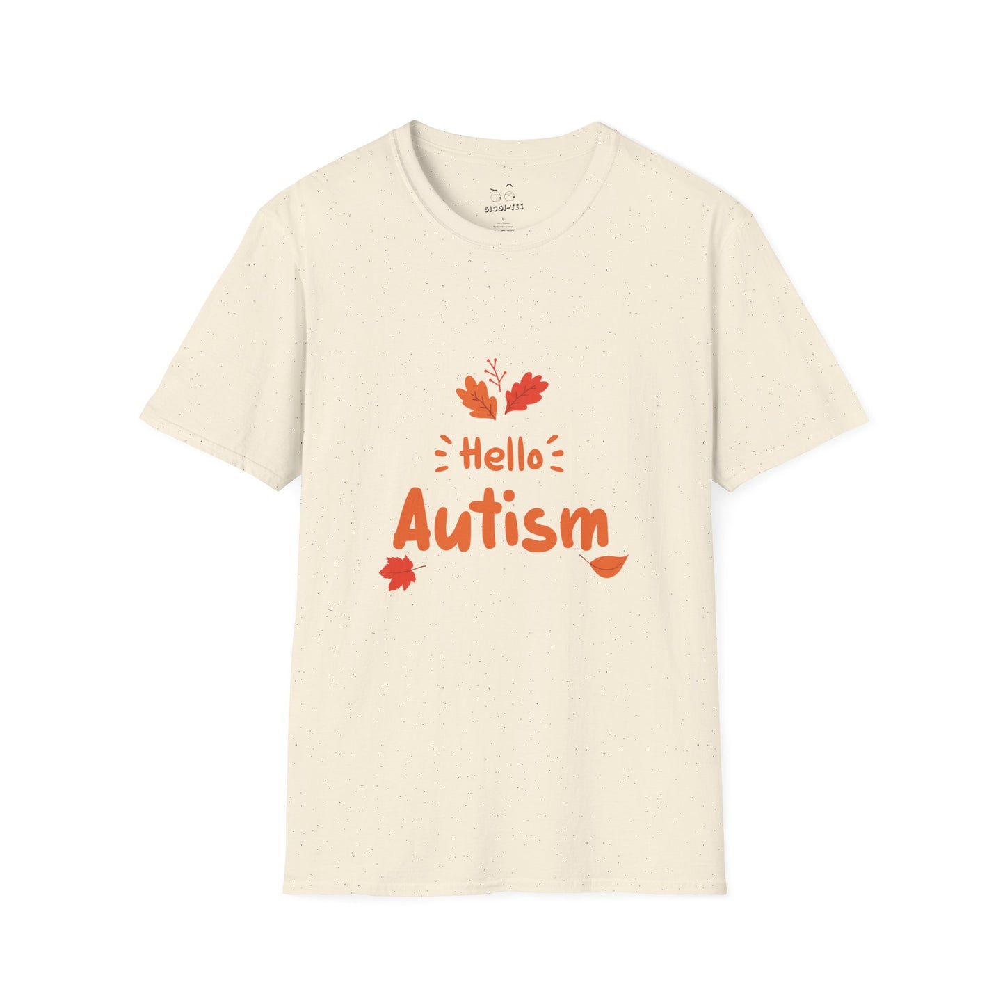 Orange “Hello Autism” text surrounded by falling autumn leaves on a parody t-shirt design, blending cozy fall vibes with edgy humor.