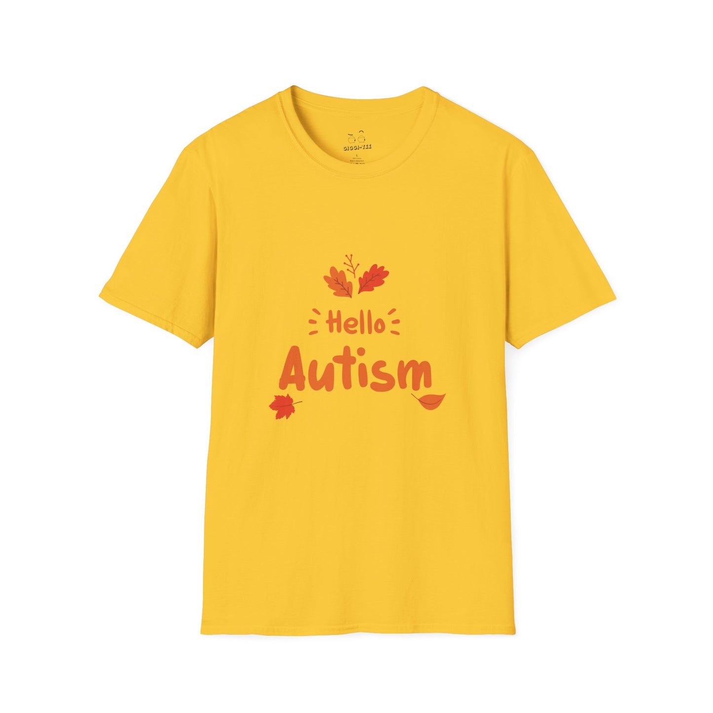 Orange “Hello Autism” text surrounded by falling autumn leaves on a parody t-shirt design, blending cozy fall vibes with edgy humor.