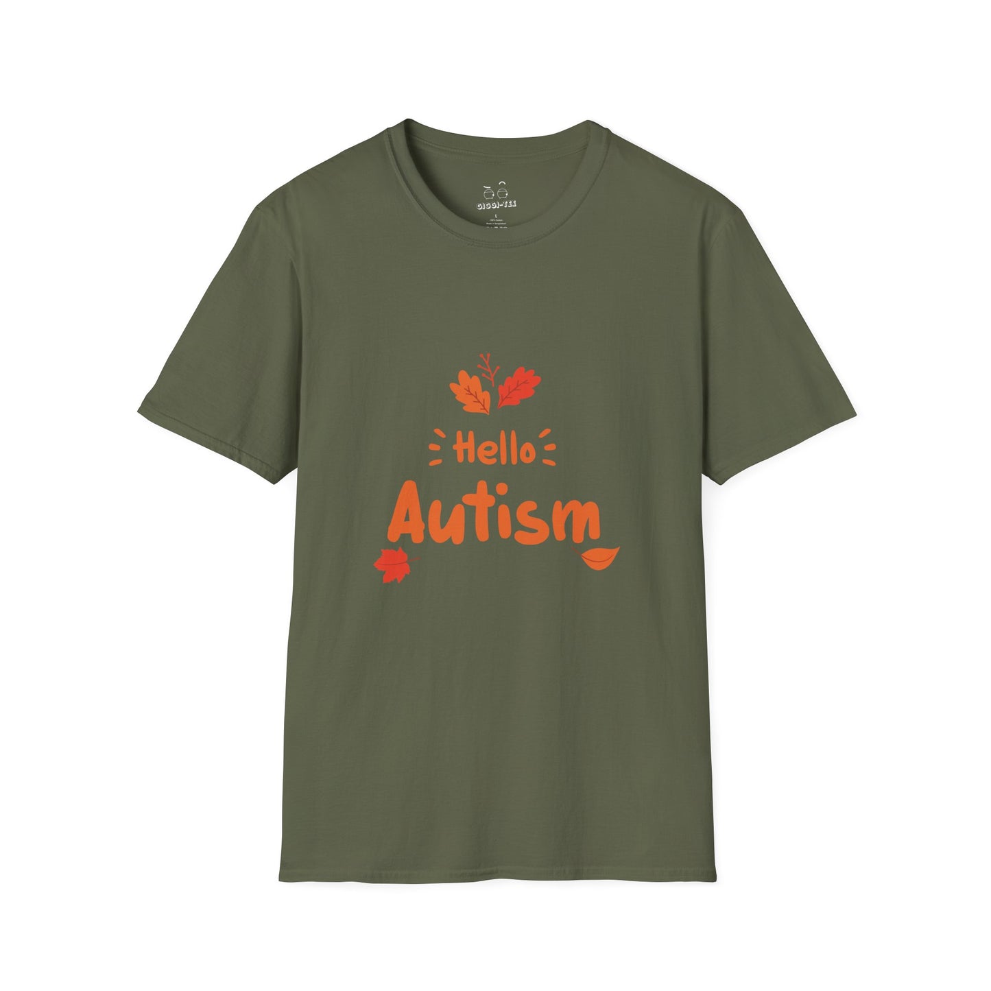 Orange “Hello Autism” text surrounded by falling autumn leaves on a parody t-shirt design, blending cozy fall vibes with edgy humor.