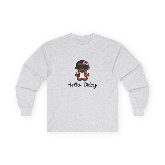 long sleeve t-shirt featuring a minimalist illustration of Diddy styled as a Hello Kitty character with a red bow.
