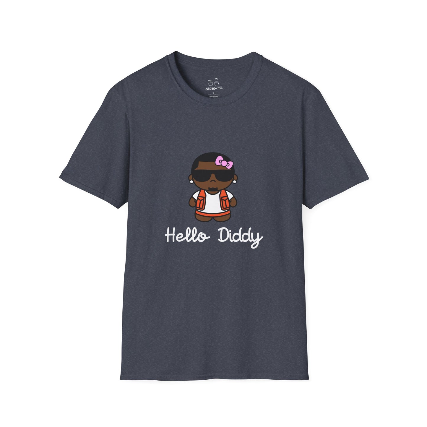 t-shirt featuring a minimalist illustration of Diddy styled as a Hello Kitty character with a red bow.