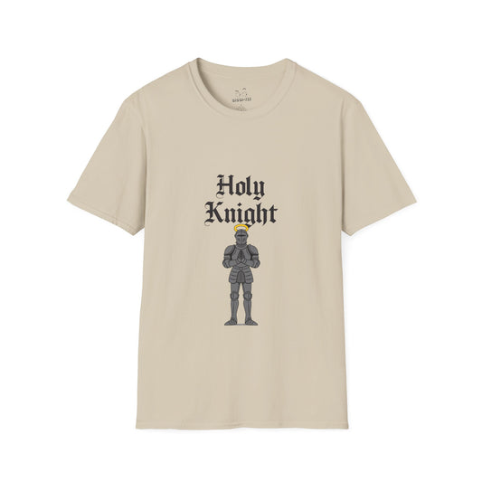 A medieval knight in full armor with a glowing golden halo above his head, parody design titled “Holy Knight.”