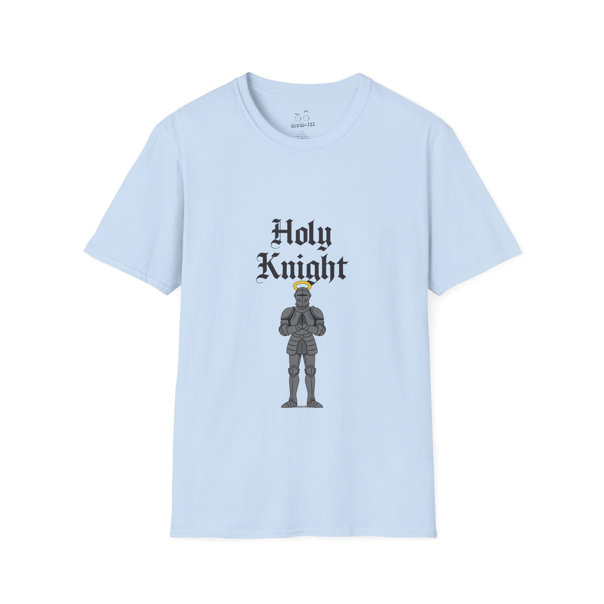 A funny medieval shirt design with a knight in full armor with a glowing golden halo above his head, parody design titled “Holy Knight.”