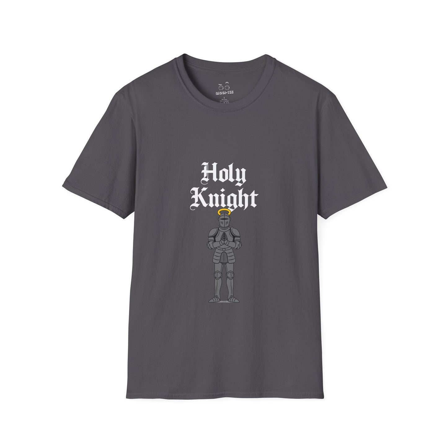A medieval knight in full armor with a glowing golden halo above his head, parody design titled “Holy Knight.”