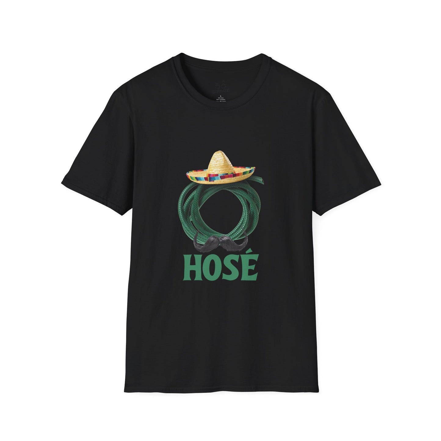 T-shirt design of a green garden hose wearing a sombrero and a large Mexican mustache with the word "Hosé."