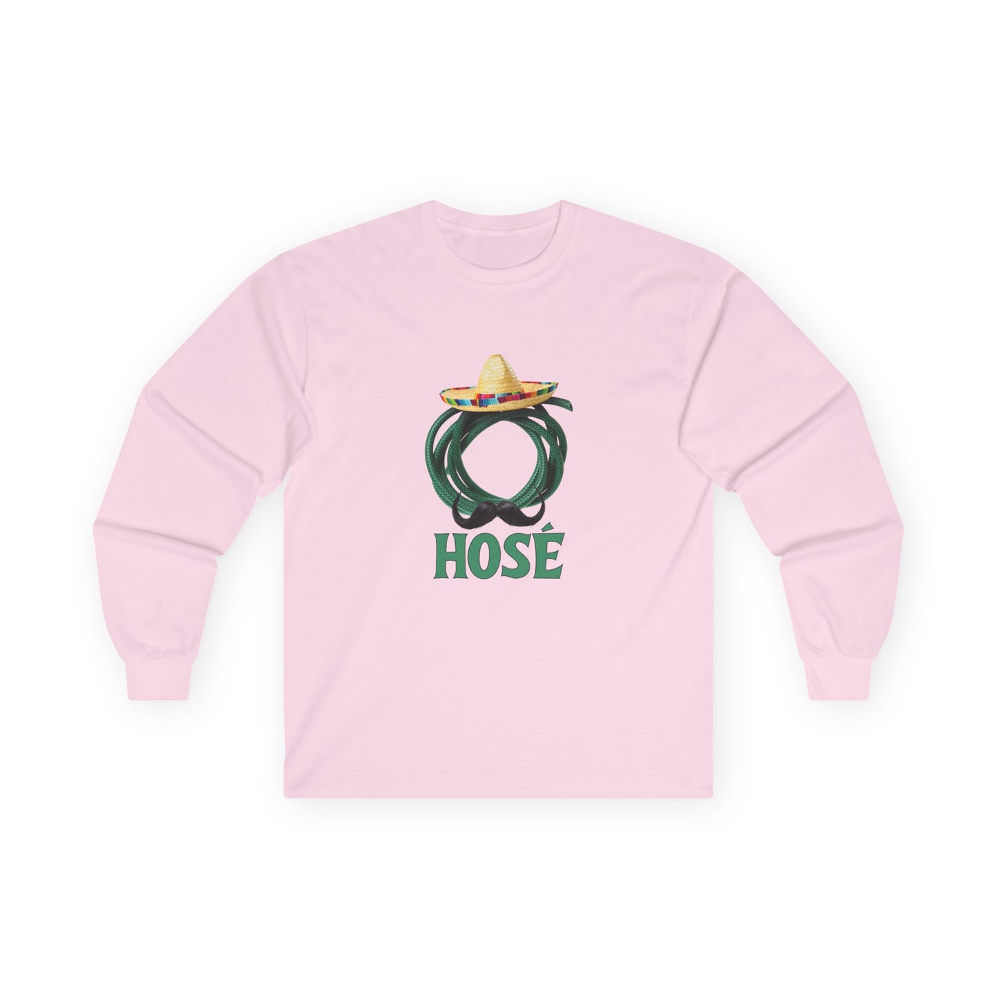T-shirt design of a green garden hose wearing a sombrero and a large Mexican mustache with the word "Hosé."