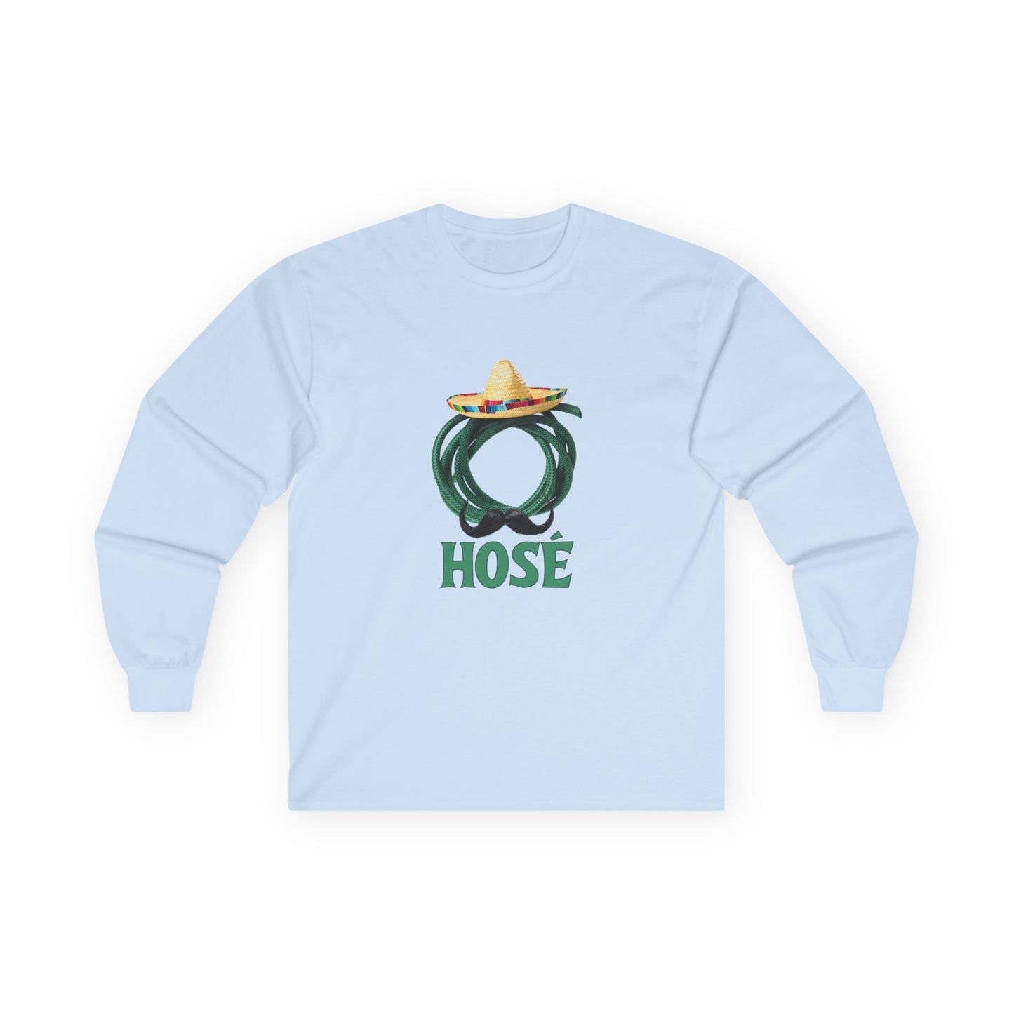 T-shirt design of a green garden hose wearing a sombrero and a large Mexican mustache with the word "Hosé."